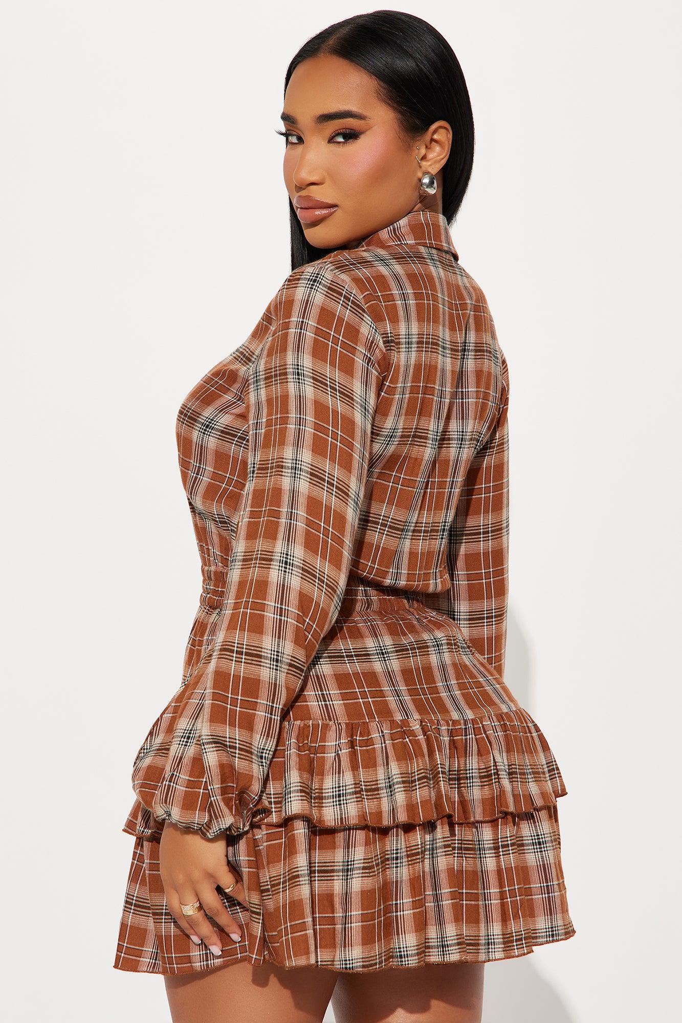 Country Sweetheart Plaid Shirt Mini Dress - Brown/combo Female Product Image