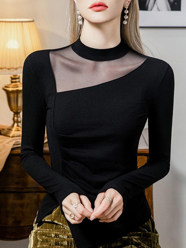 Long Sleeves Plus Size Asymmetric See-Through Solid Color Split-Front Split-Joint Round-Neck T-Shirts Tops Product Image