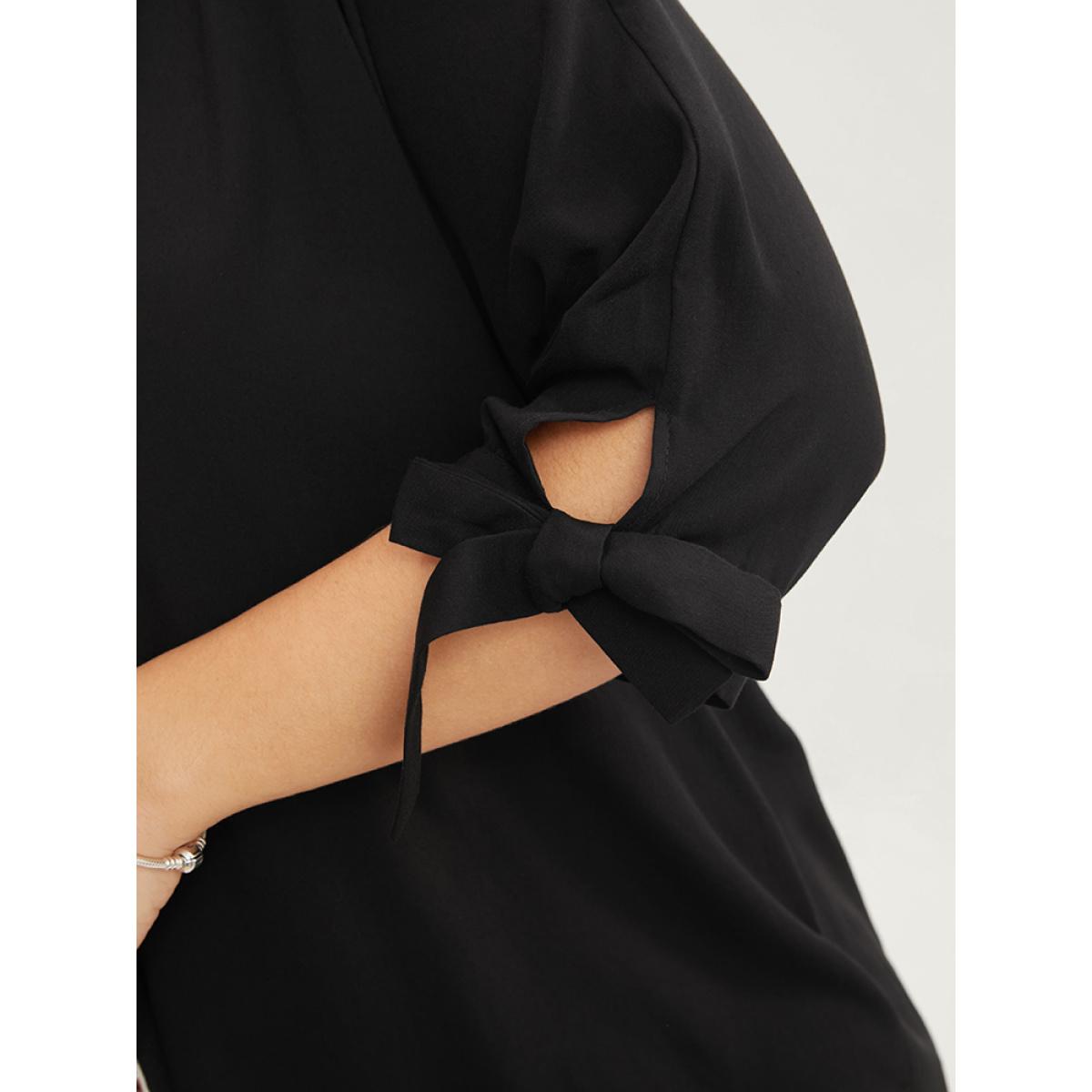 Plus Size Black Striped Geometric Patchwork Knotted Sleeve Blouse Women Vacation Elbow-length sleeve V-neck Dailywear Blouses BloomChic 12/L Product Image