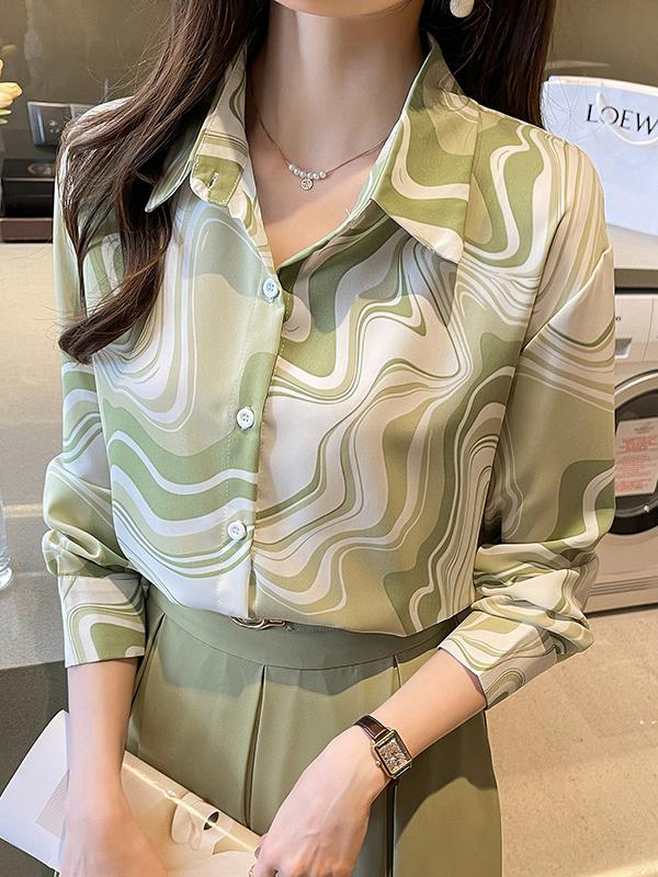 Long Sleeves Loose Buttoned Printed Lapel Blouses&Shirts Tops Product Image