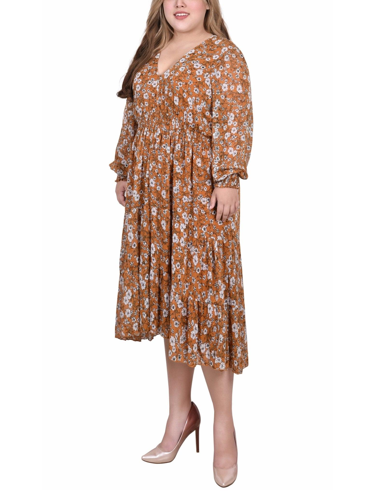 Mustard Floral Long Sleeve Clip Dot Chiffon Dress With Smocked Waist and Cuffs - Plus Product Image