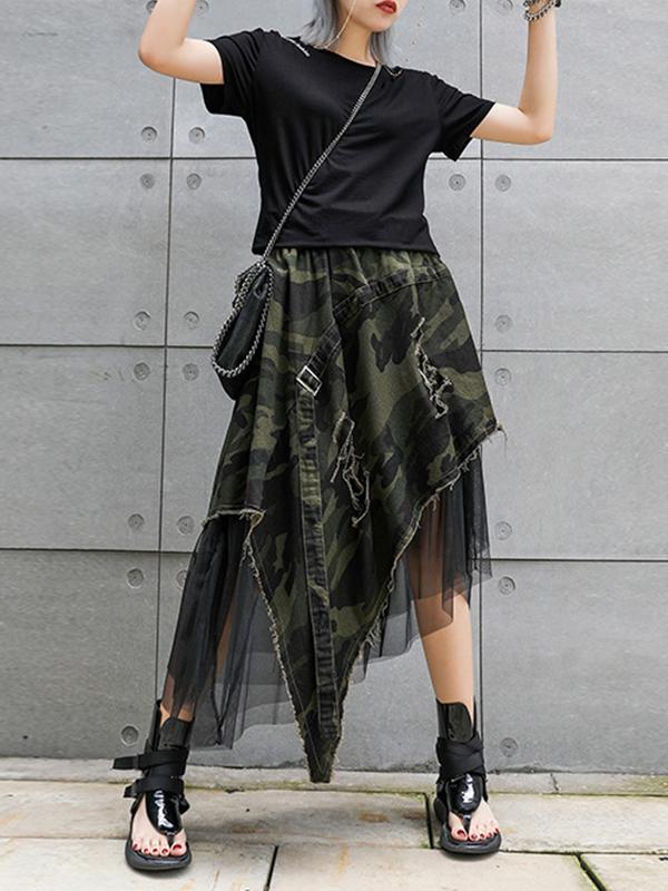A-Line Loose Asymmetric Camouflage Elasticity Fringed Mesh Split-Joint Skirts Bottoms Product Image