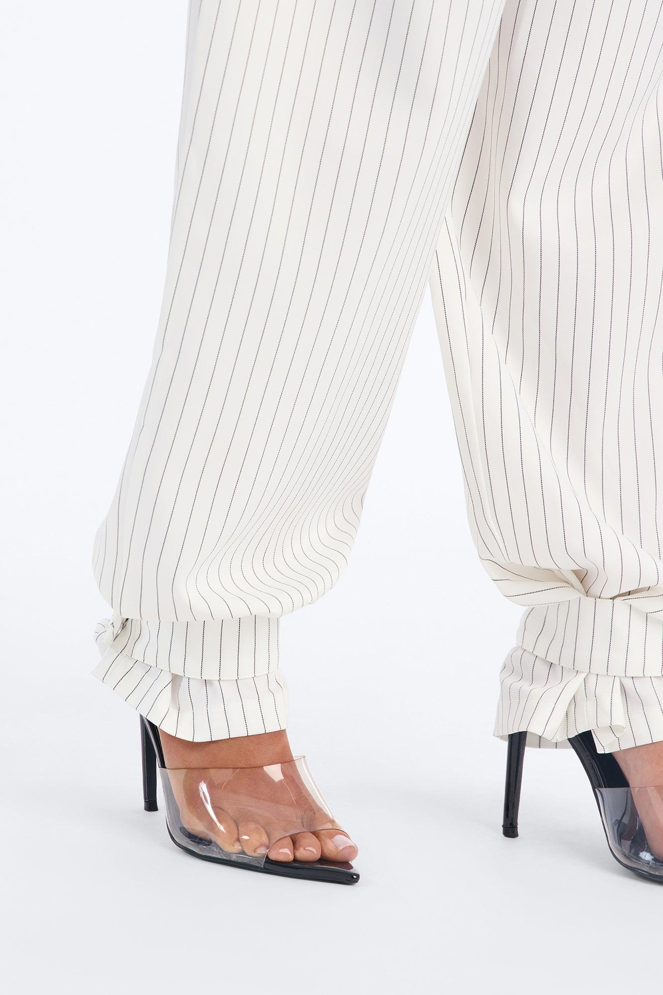 Never Settle Pinstripe Adjustable Cuff Trouser Pants 33″ - Ivory Female Product Image