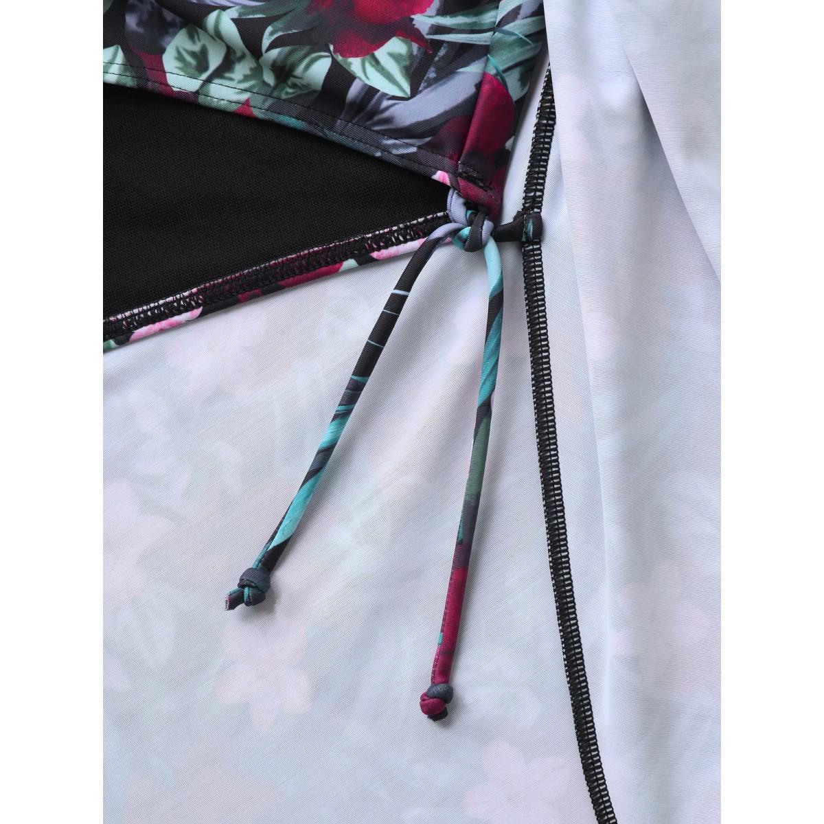 Plus Size Anti-Float Ties Sheer Tropical Swim Dress Women's Swimwear BlackFlower Beach Bodycon Round Neck High stretch Curve Swim Dresses BloomChic 22-24/3X Product Image