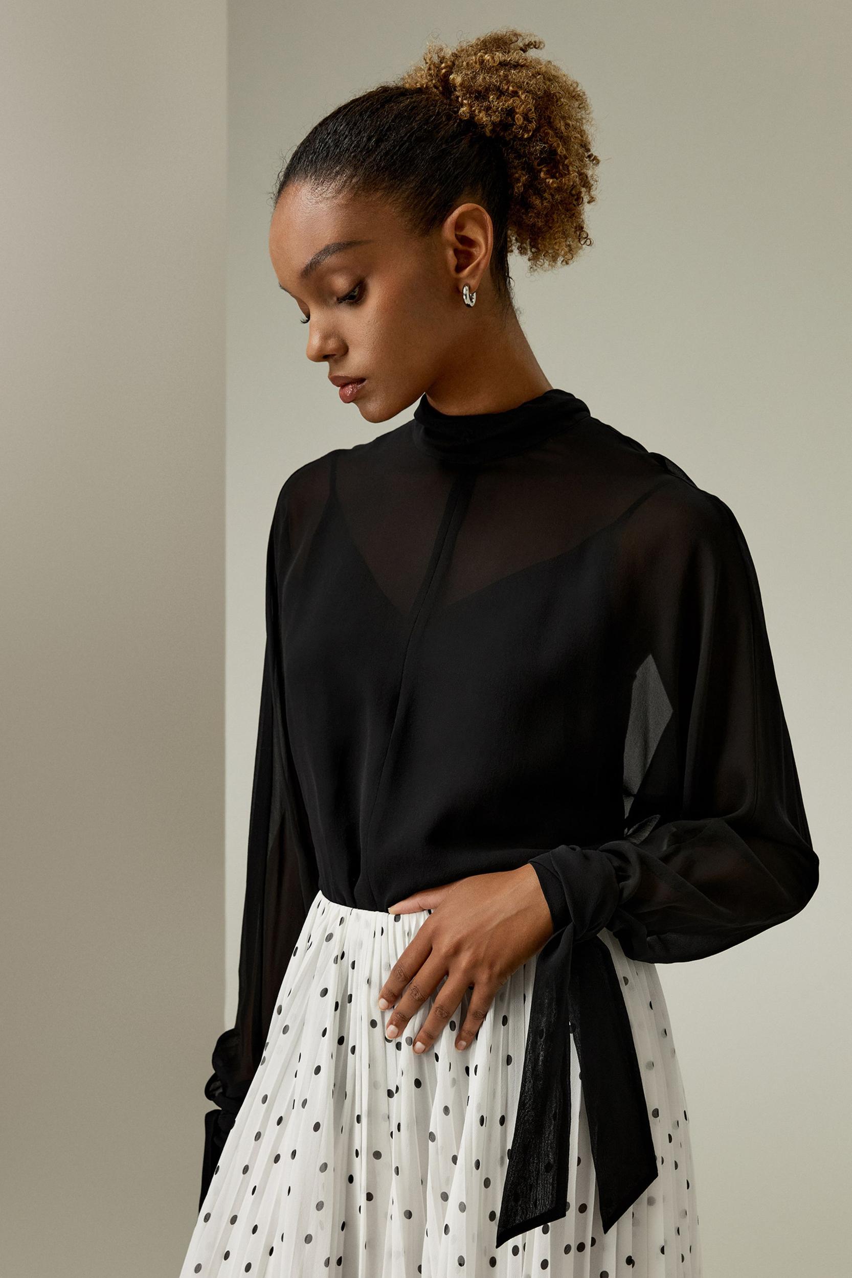 LILYSILK Women's Batwing Sleeve Chiffon Blouse Set, Black XL - Flowy, Elegant Top for Parties & Vacations Product Image