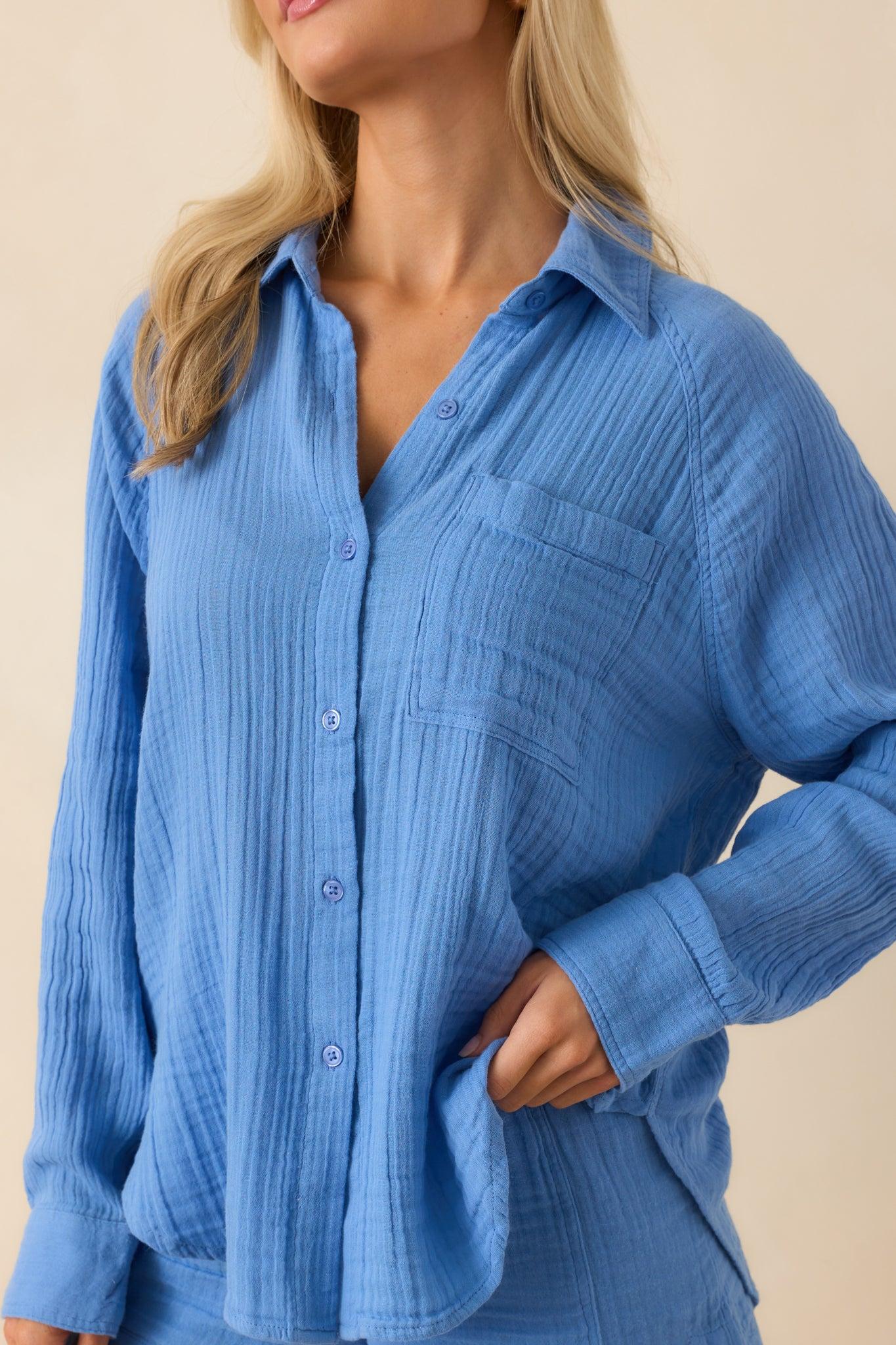 Z Supply Blue Cotton Perfect Airy Gauze Button Up Top Product Image