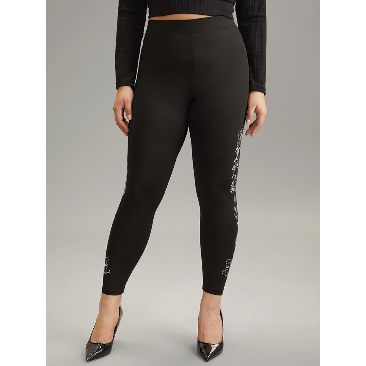 Plus Size Floral Rhinestone Patchwork High Rise Leggings Women Black Casual High stretch Skinny High Rise Dailywear Leggings BloomChic 28/5X Product Image