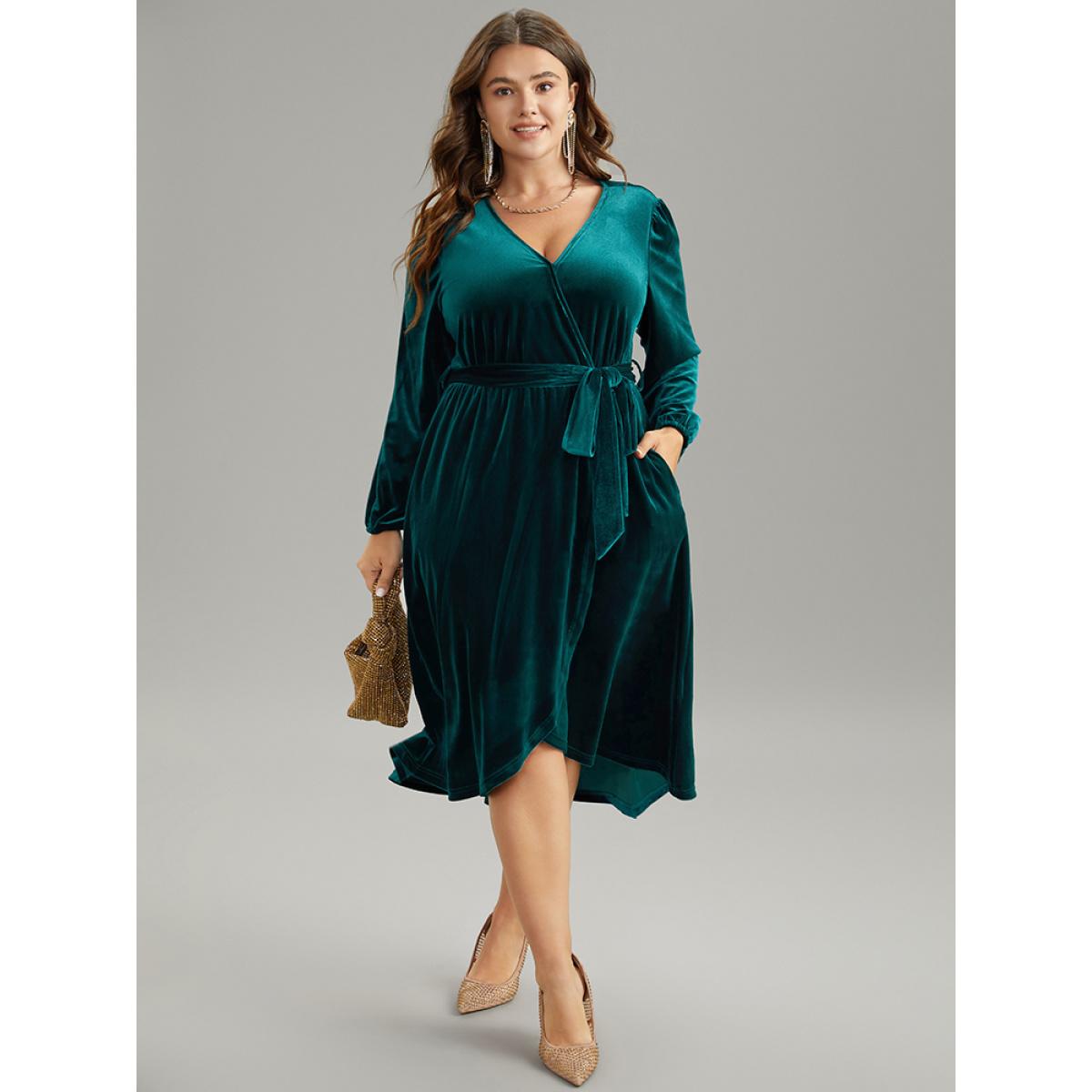 Plus Size Solid Velvet Belted Wrap Arc Hem Dress Cyan Women Timeless Elastic cuffs Overlap Collar Long Sleeve Curvy Midi Dress BloomChic 26/4X Product Image
