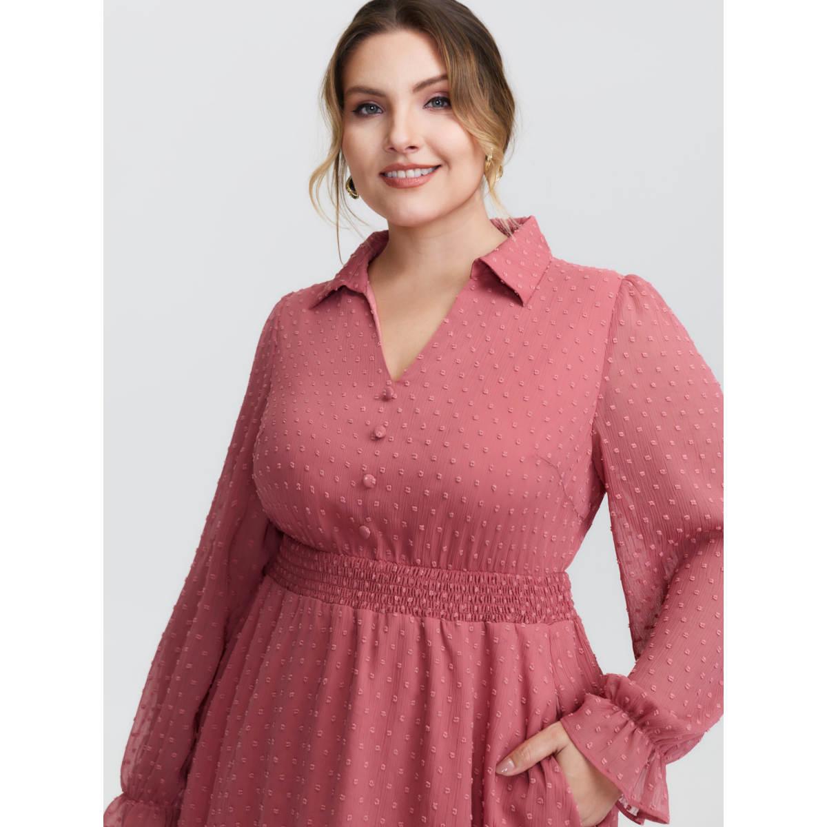 Plus Size Chiffon Texture V-Neck Shirred Waist Midi Dress Watermelon Women Timeless Texture Shirt collar Long Sleeve Curvy BloomChic 14-16/1X Product Image
