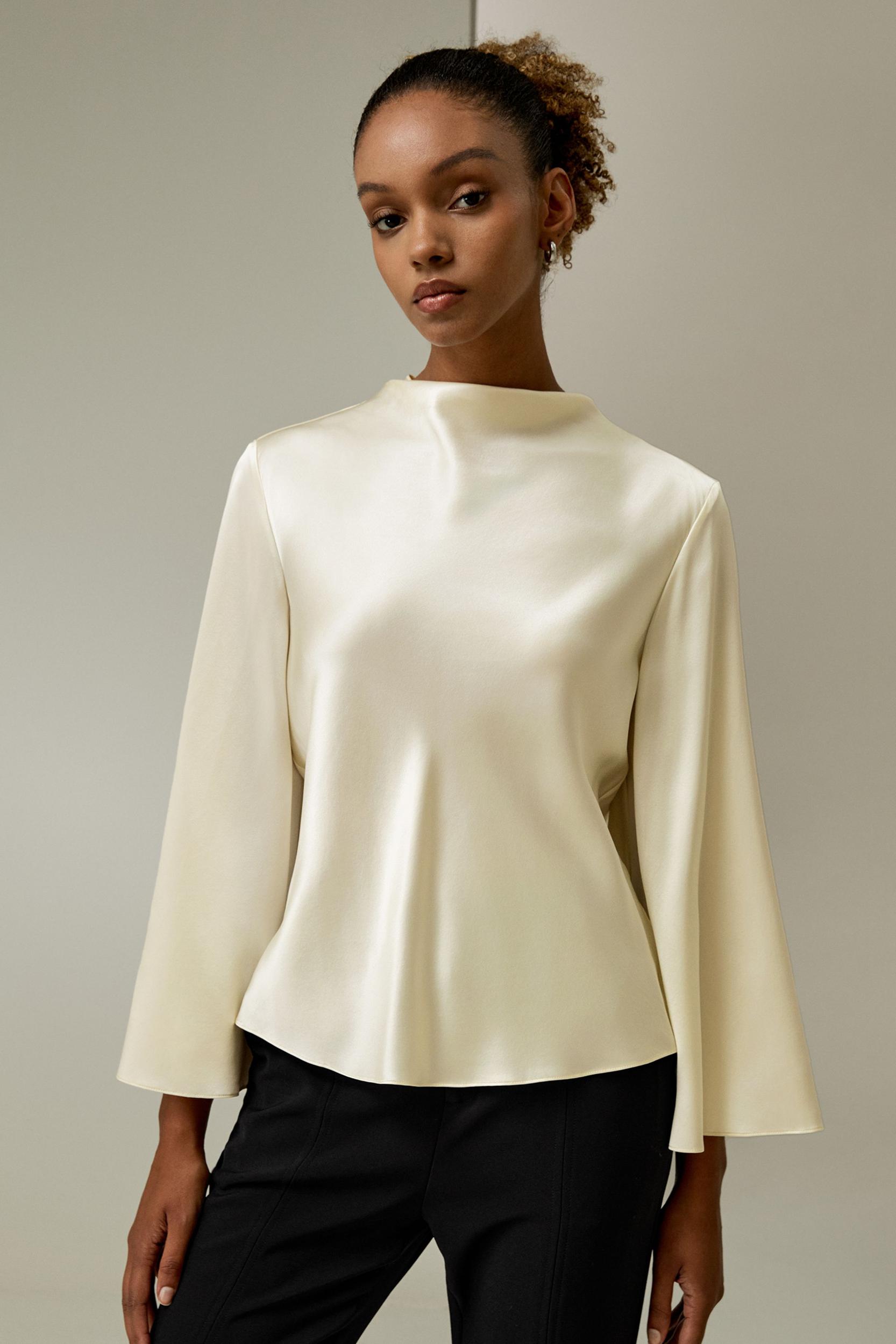 Bell sleeves minimalist silk top Product Image