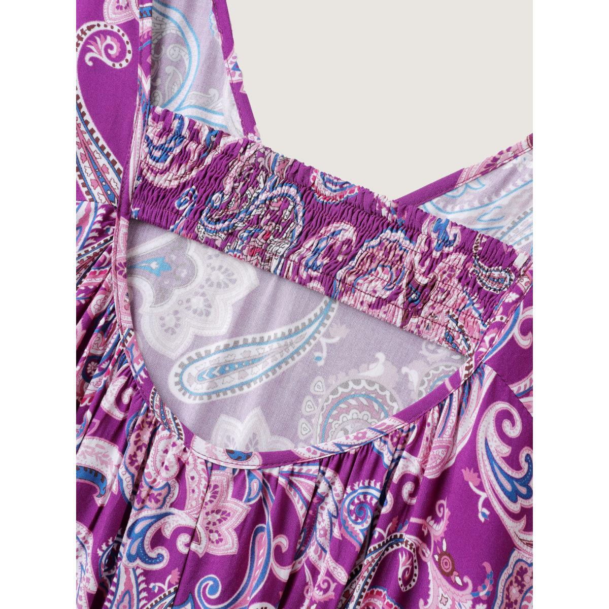 Plus Size Paisley Rayon Back Cut-Out Maxi Dress RedViolet Women Boho V-neck Elbow-length sleeve Curvy BloomChic 26/4X Product Image