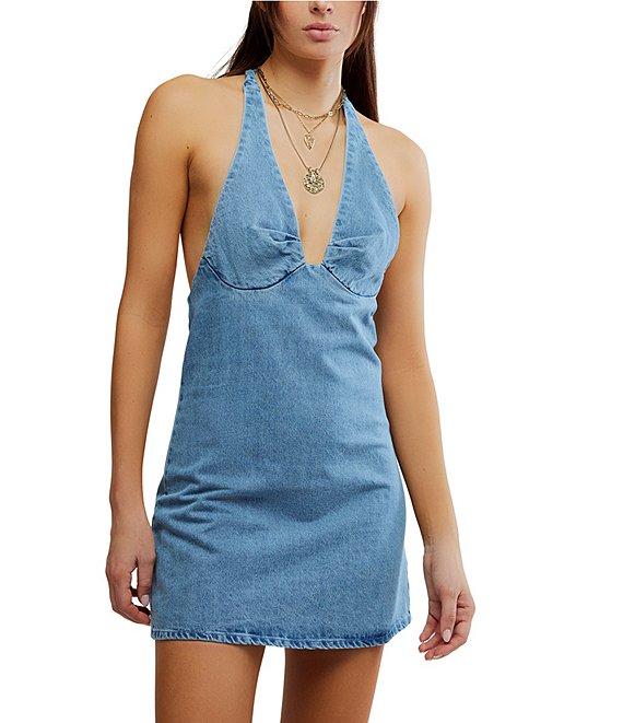 Free People Trevi Denim Sleeveless Plunging Halter Mini Dress Product Image