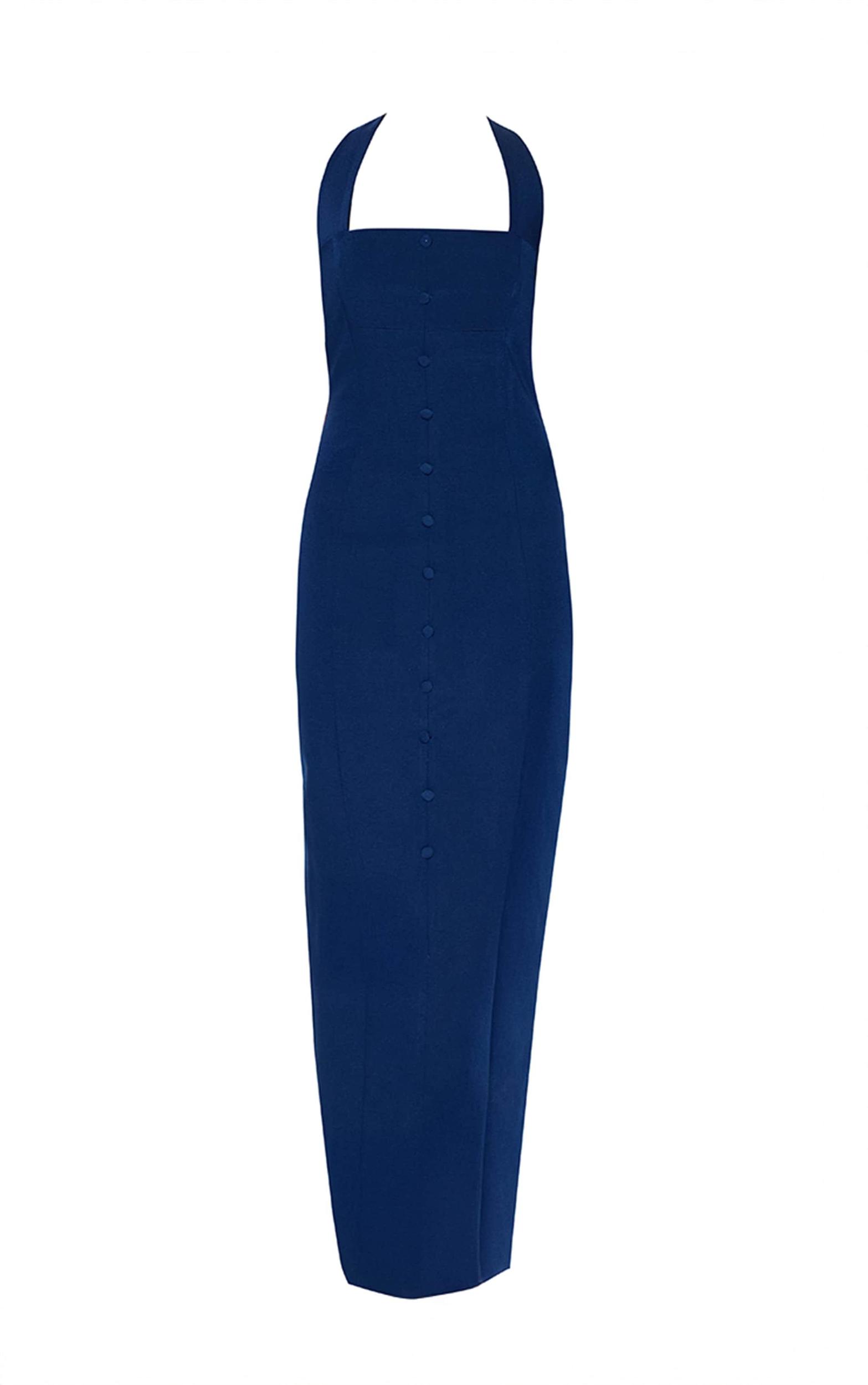Navy Woven Halter Button Maxi Dress Product Image