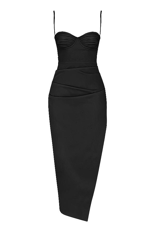 Flora  black satin pleated corset midi dress Product Image