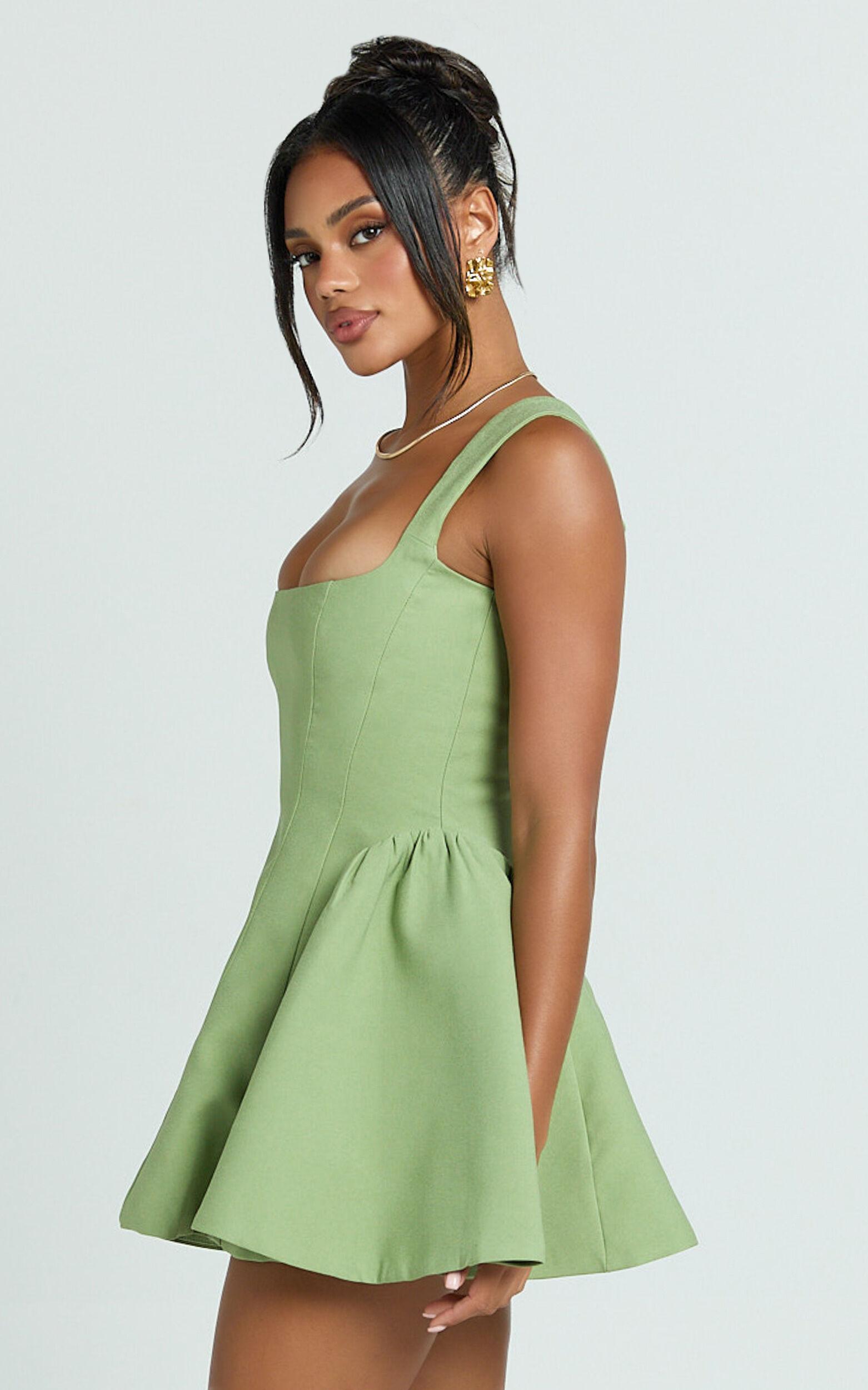 Kailee Mini Dress - Wide Strap Square Neck Fit And Flare Tulip Dress in Sage Product Image