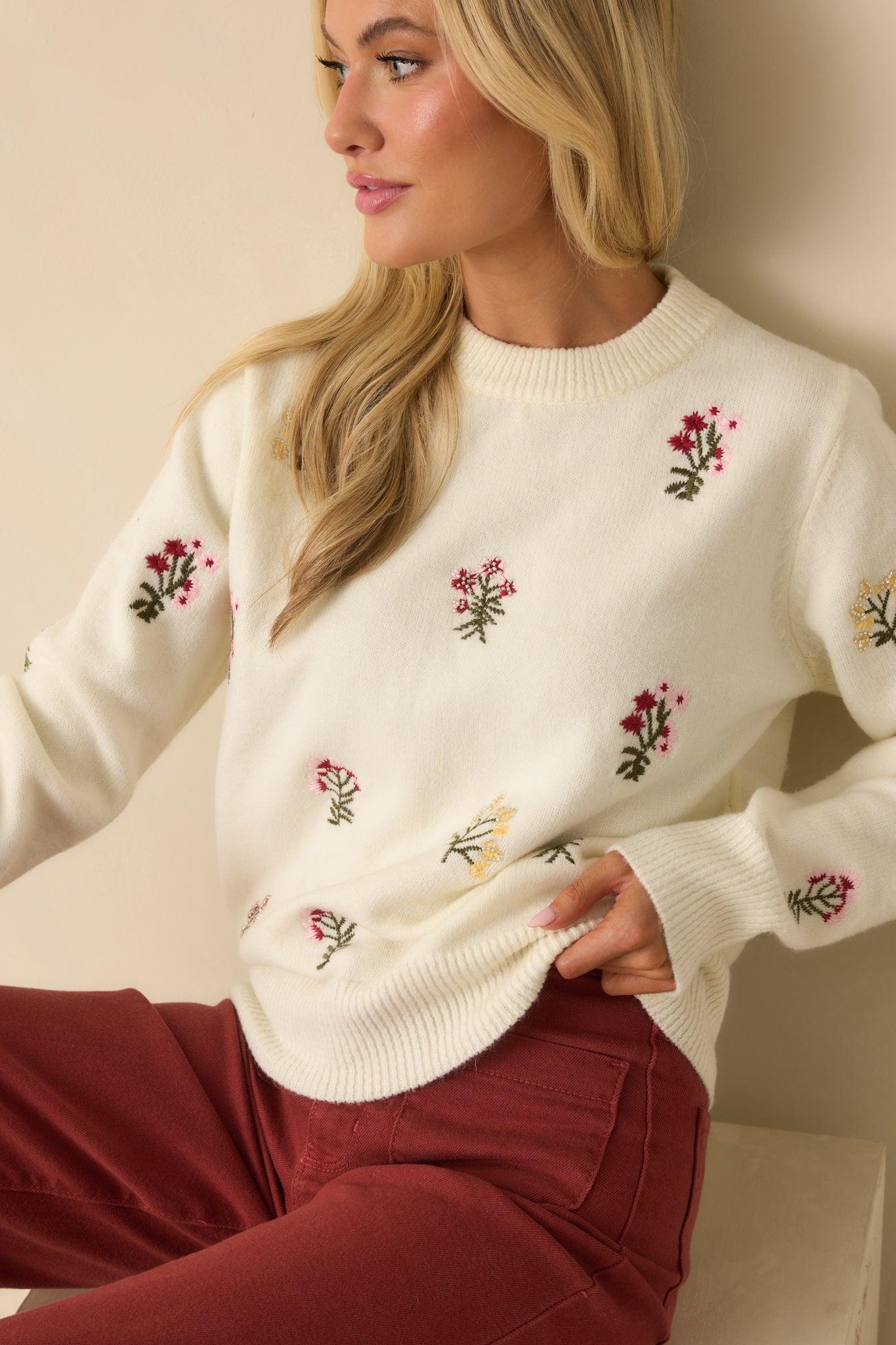 Stay True To Yourself Ivory Multi Floral Embroidered Knit Sweater L / Ivory Product Image