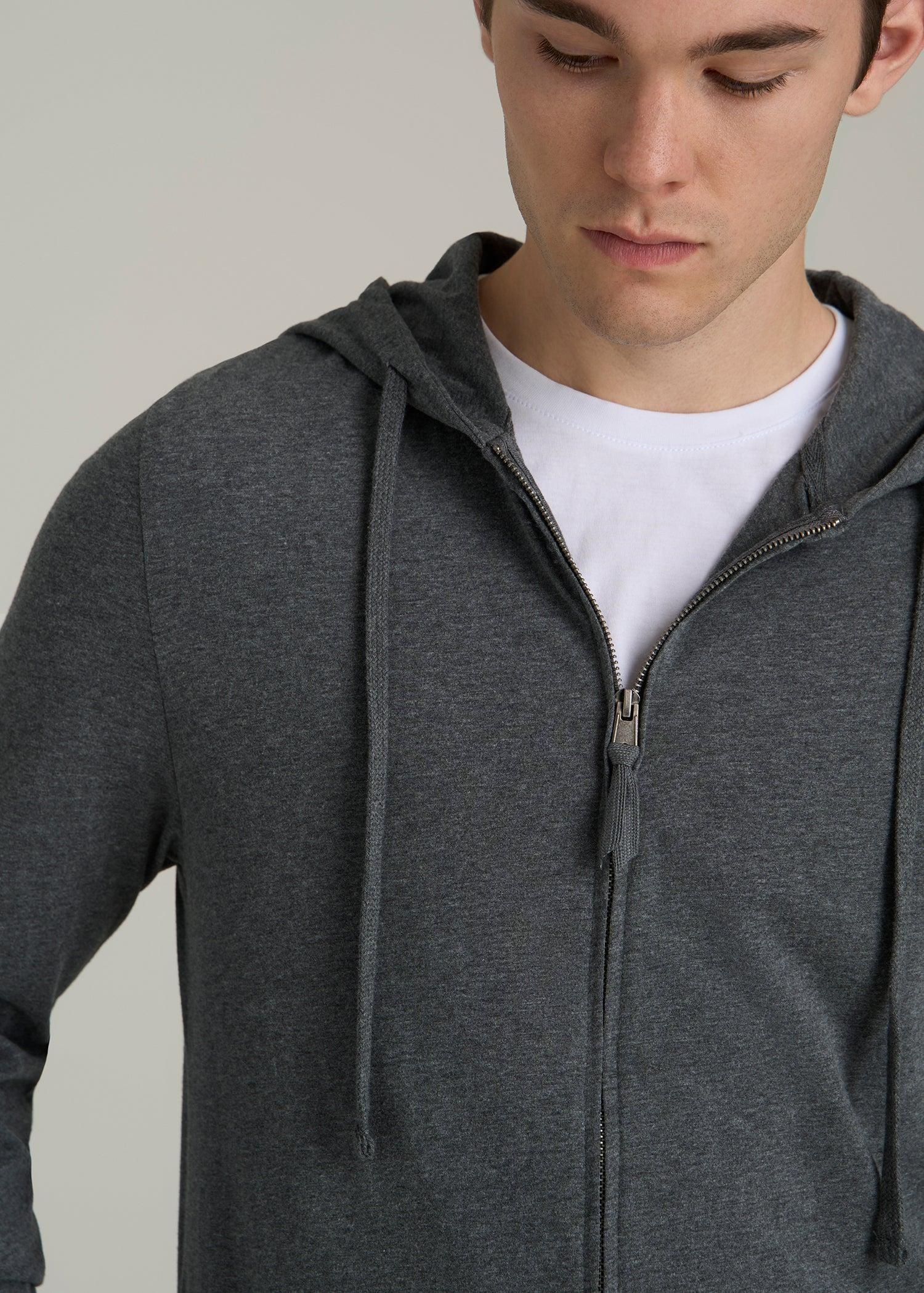 Long Sleeve Full Zip Jersey Hoodie for Tall Men in Charcoal Mix Male Product Image