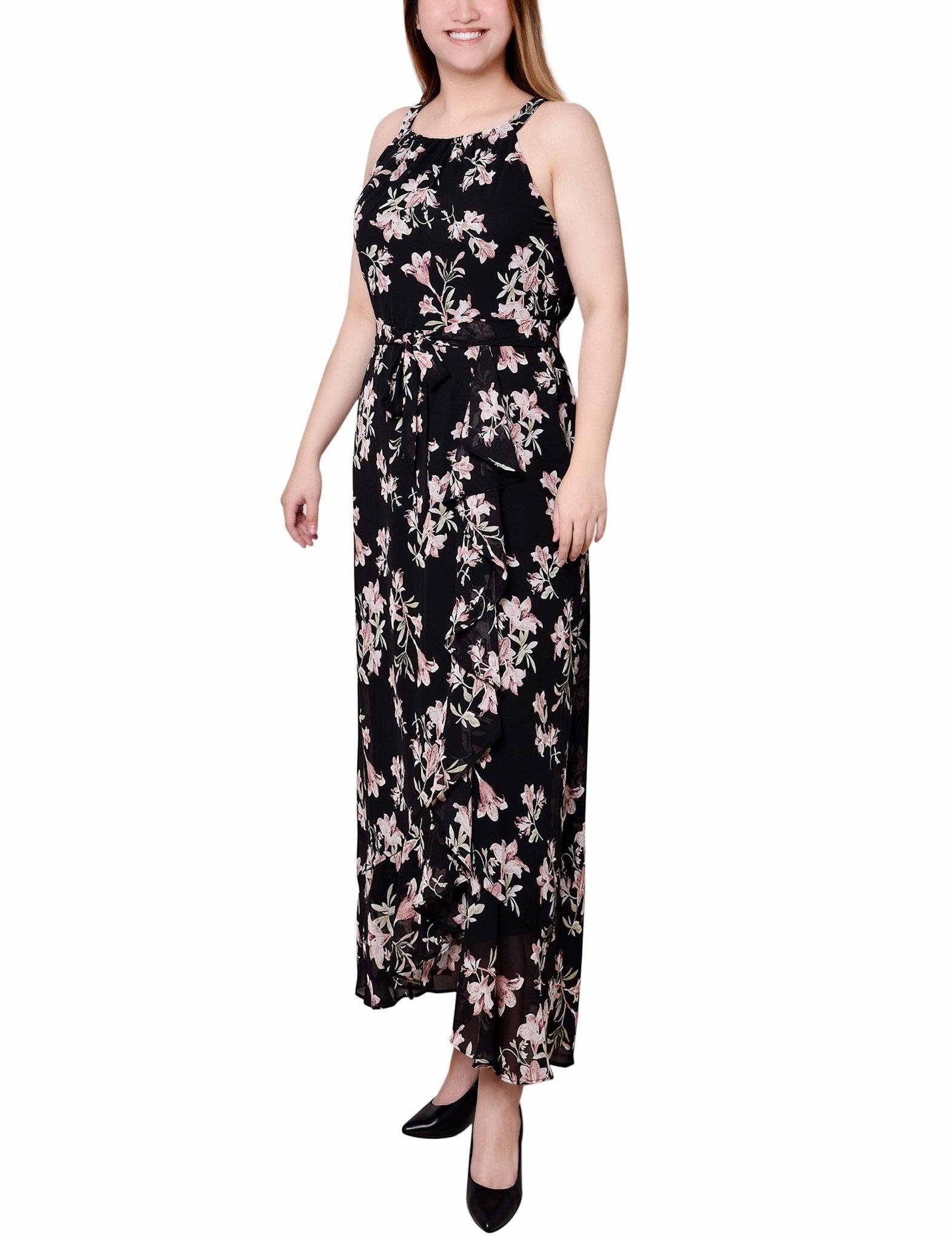 Black Pink Halter Front Chiffon Maxi Dress - Petite Product Image