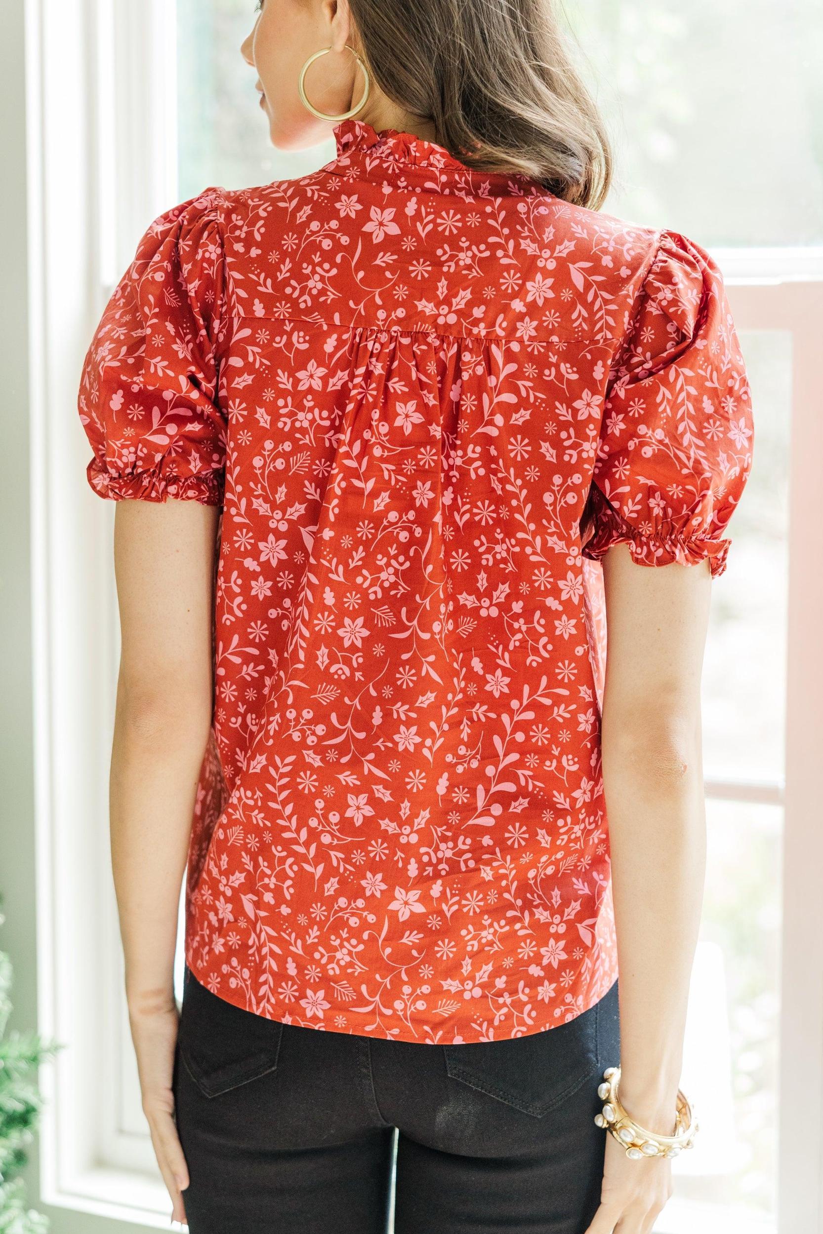 Keep It Up Red Ditsy Floral Ruffled Blouse Female Product Image