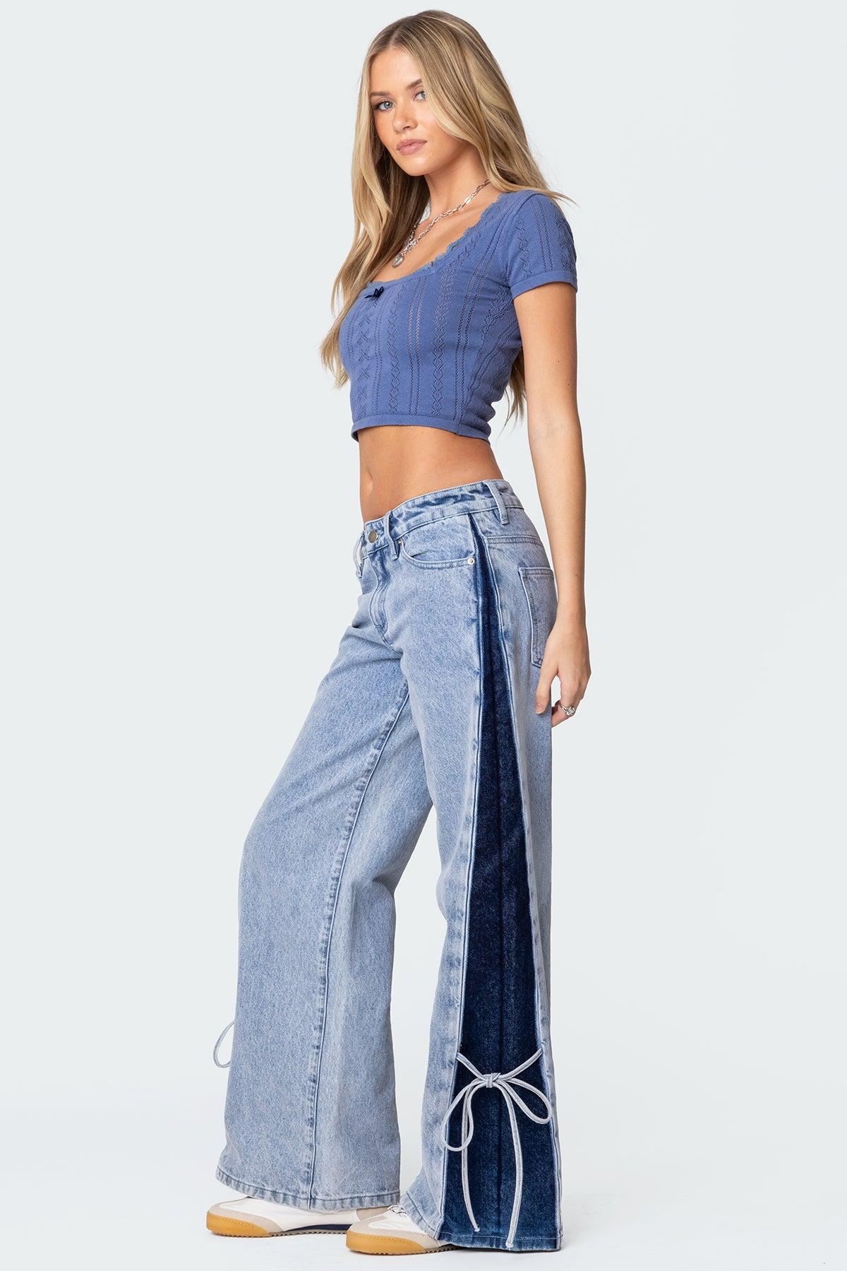 Contrast Split Washed Low Rise Bootcut Jeans Product Image