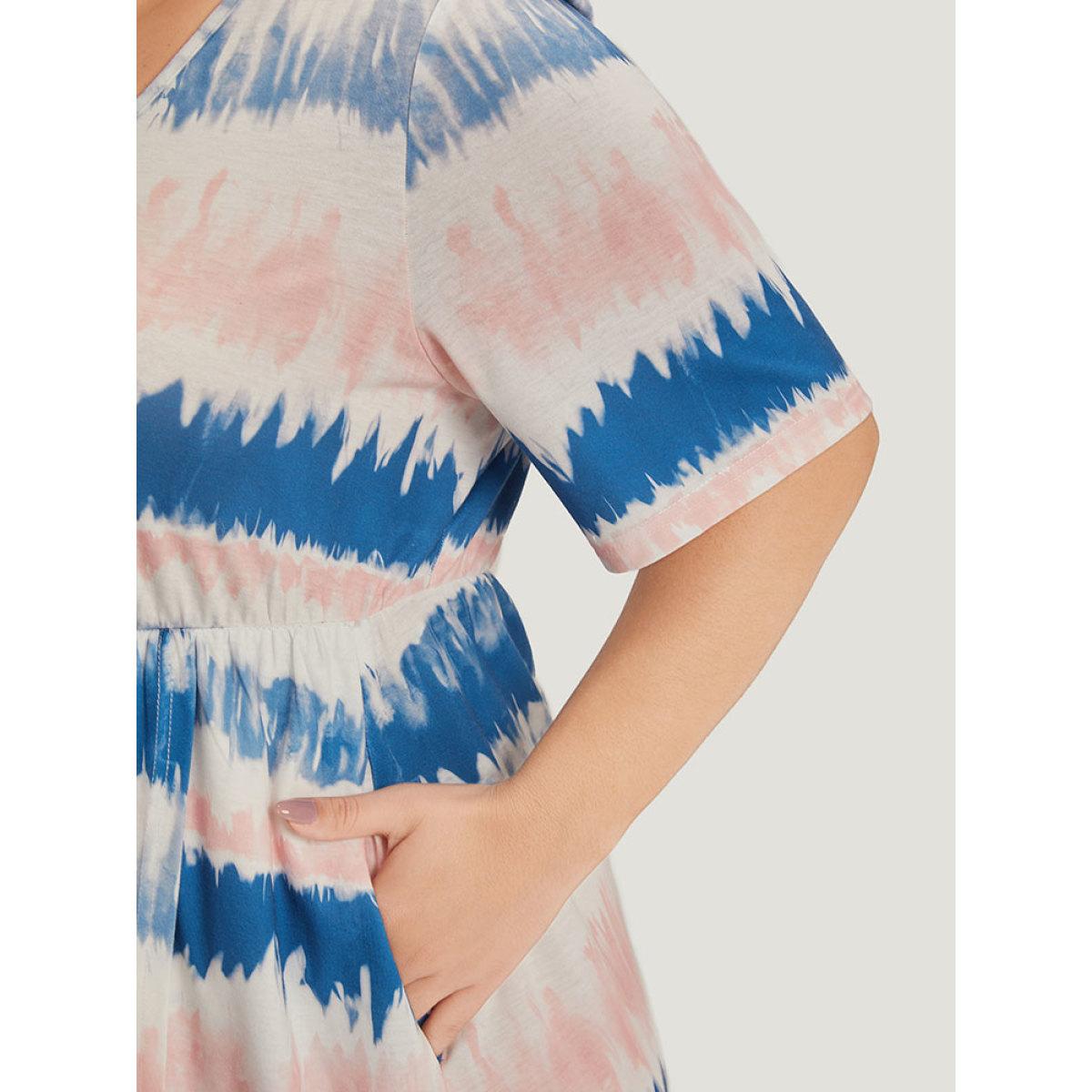Plus Size Ombre Tie Dye Pocket Split Side Elastic Waist Dress Multicolor Women Casual Tie Dye V-neck Short sleeve Curvy Midi Dress BloomChic 22-24/3X Product Image