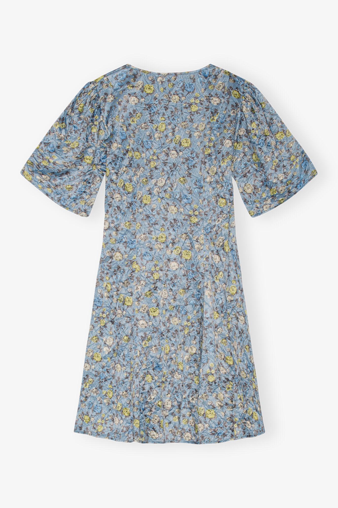 Blue Floral Printed Crinkled Satin Mini Wrap Dress Product Image
