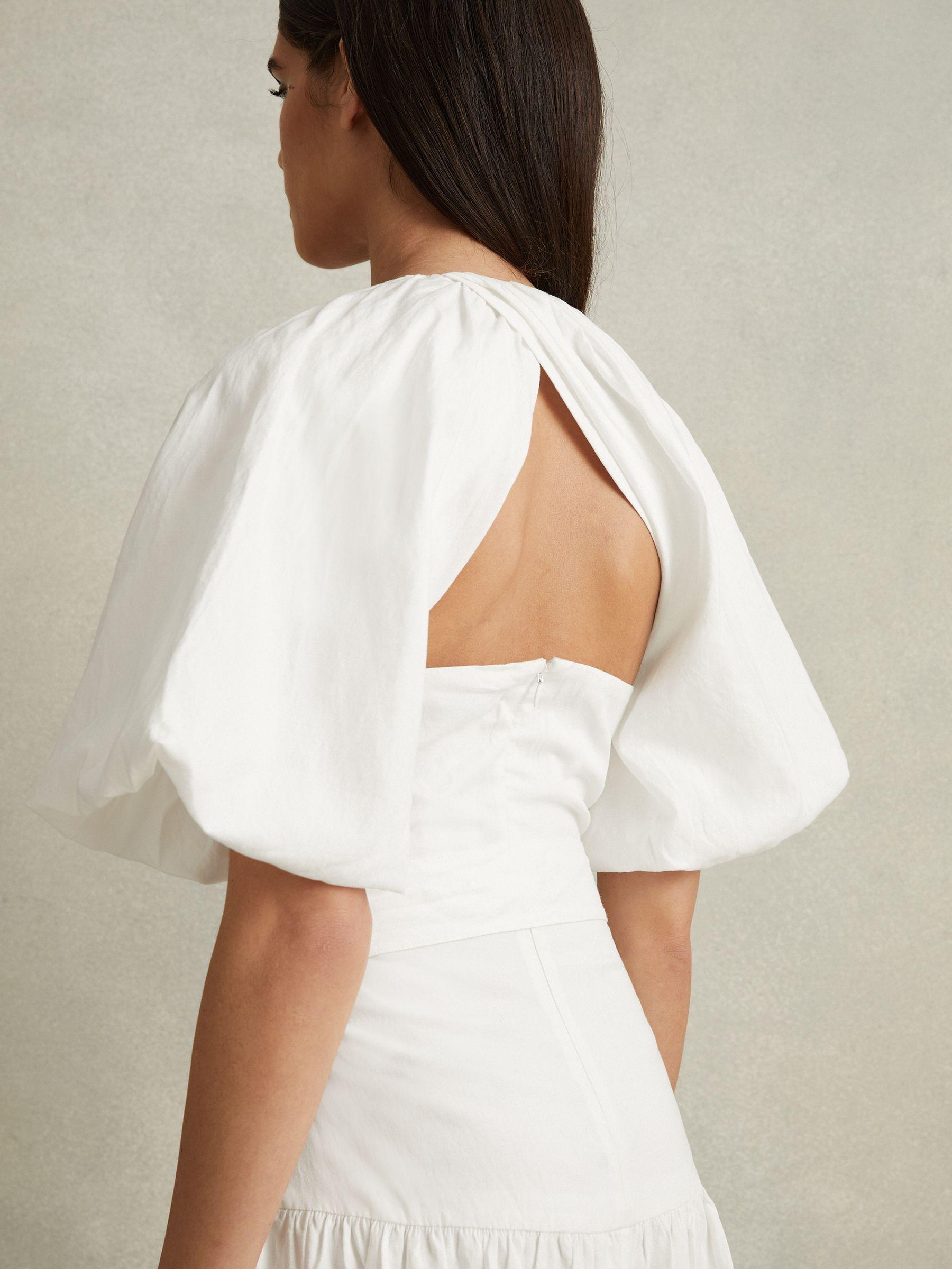 Lyocell Blend Puff Sleeve Midi Dress in White Product Image