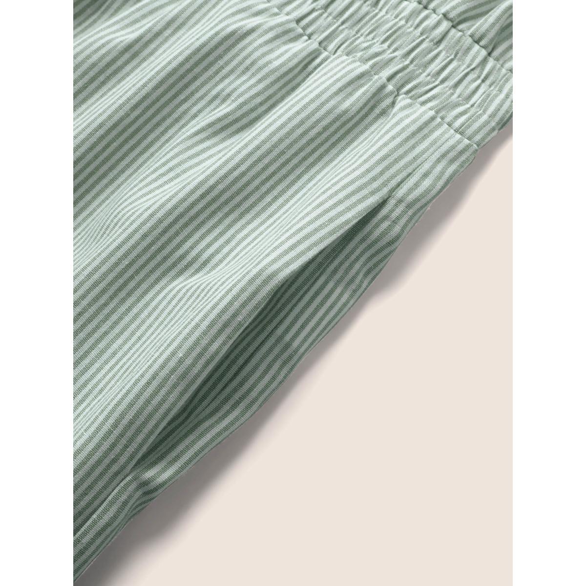 Plus Size LightGreen Striped Lapel Collar Shirred Button Detail Jumpsuit Women Casual Short sleeve V-neck Everyday Loose Jumpsuits BloomChic 18-20/2X Product Image