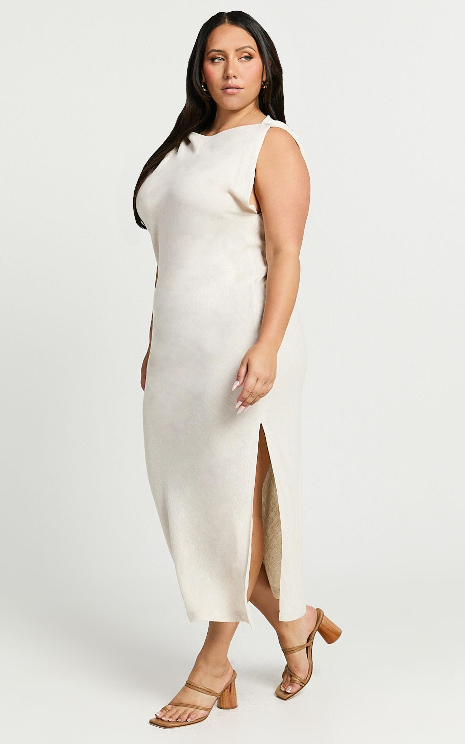 Jessenia Midi Dress - Linen High Neck Dress in Natural Product Image