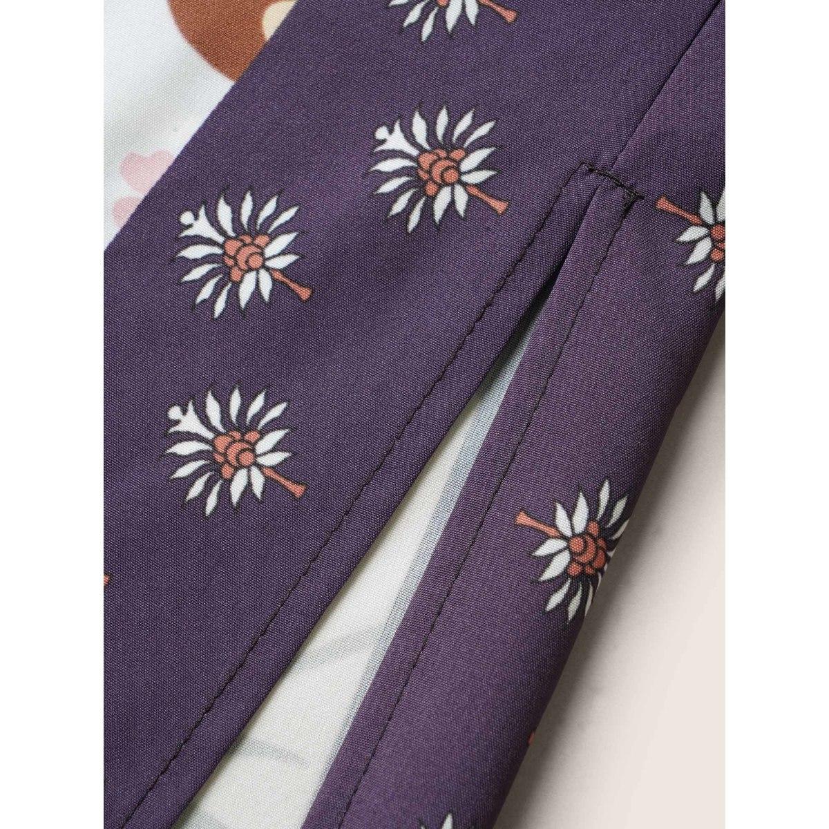 Plus Size Painted Flower Print Split Hem Kimono Women DarkBlue Resort Contrast Loose Vacation Kimonos BloomChic 30/6X Product Image