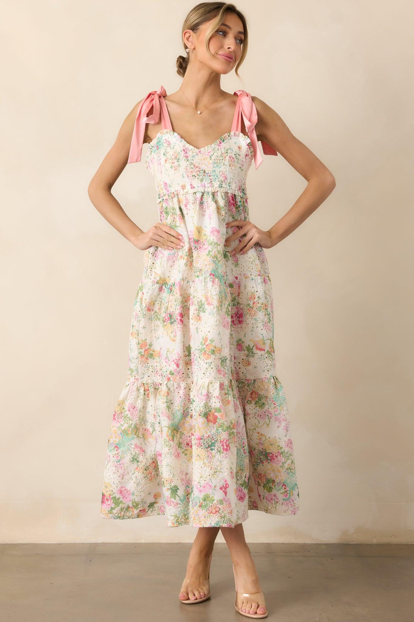Invite Only Light Pink Multi Floral Embroidered Eyelet Midi Dress Product Image