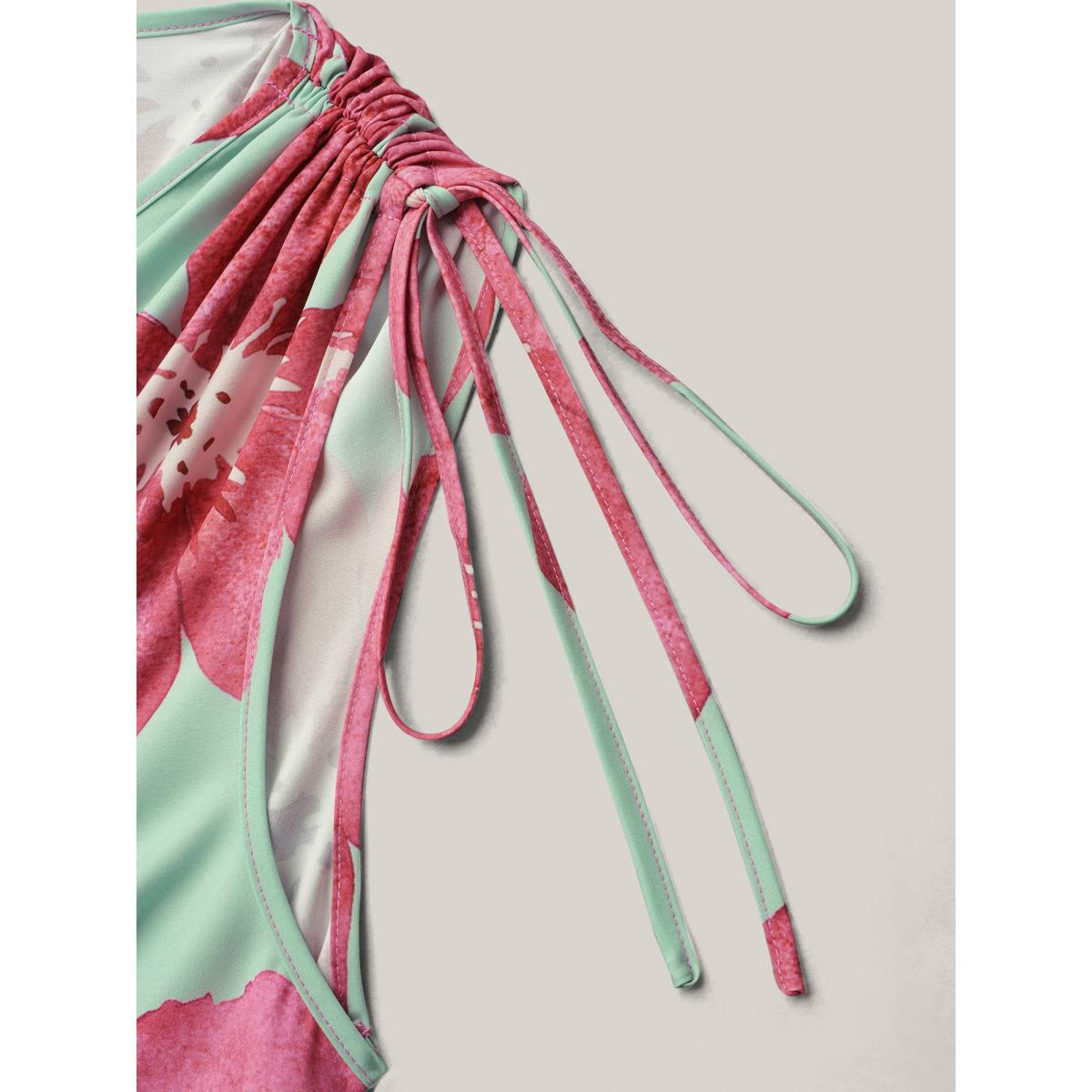 Plus Size Floral Print V-Neck Tied Midi Dress RedViolet Women Romantic Gathered V-neck Sleeveless Curvy BloomChic 18-20/2X Product Image