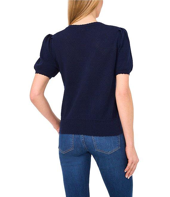 CeCe Pointelle Knit V-Neck Short Puff Sleeve Cardigan Product Image