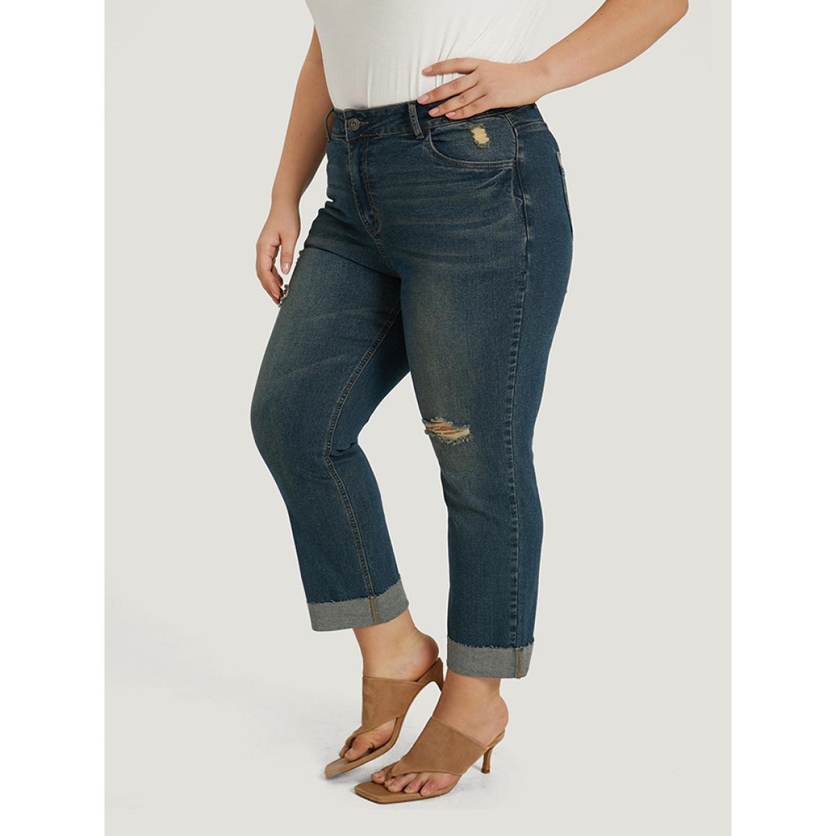 Plus Size Solid Ripped Roll Hem Pocket Straight Leg Jeans Women Indigo Casual Plain Plain High stretch Pocket Jeans BloomChic 10/M Product Image