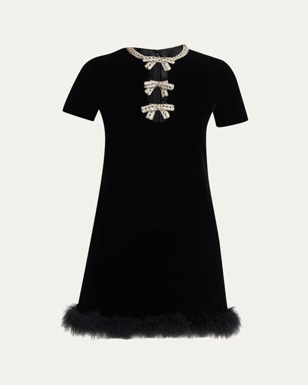 VALENTINO Crystal Bow Velvet Mini Dress With Feather Trim In Black Product Image