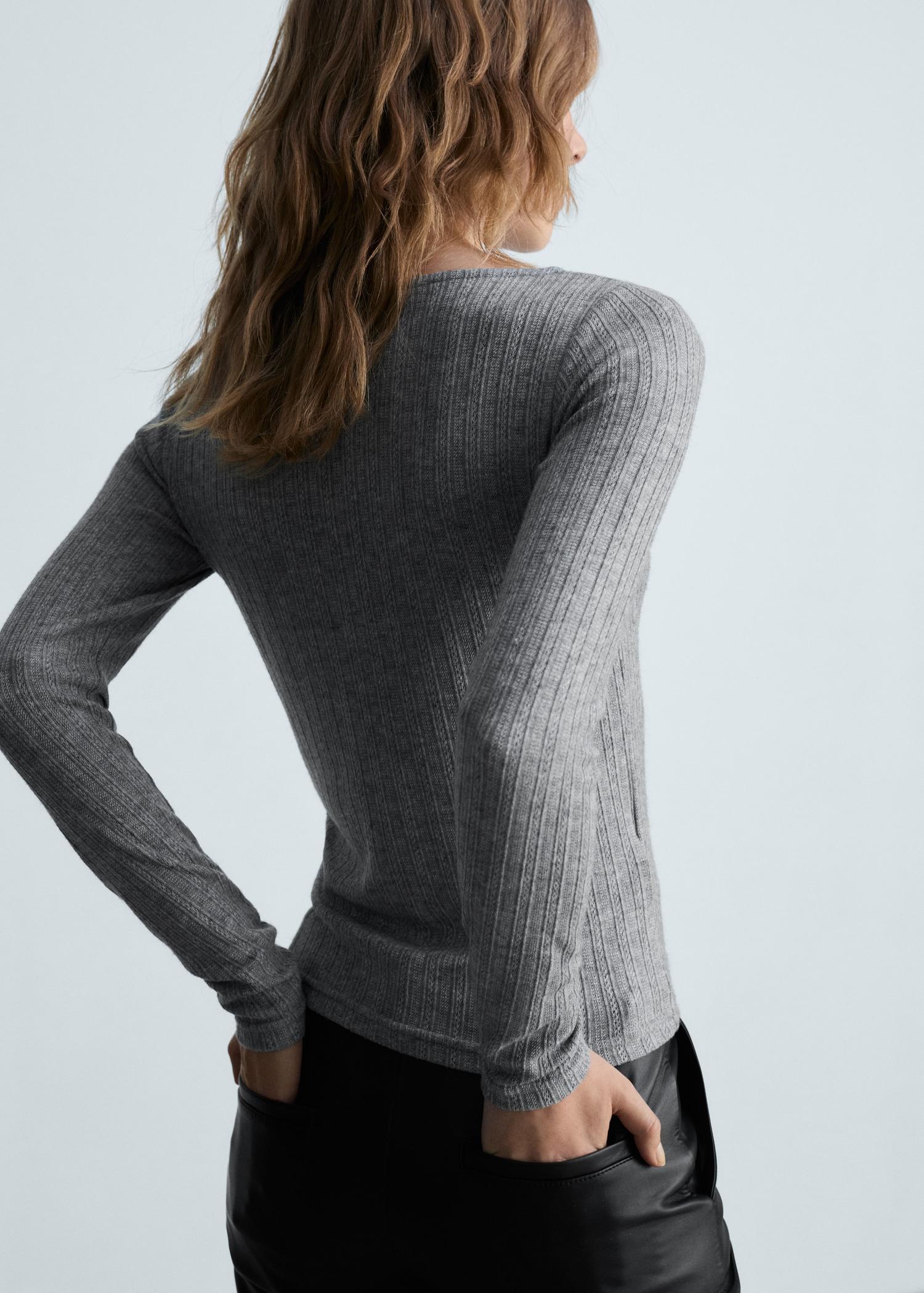 Long-sleeved pointelle t-shirt - Women | MANGO USA Product Image