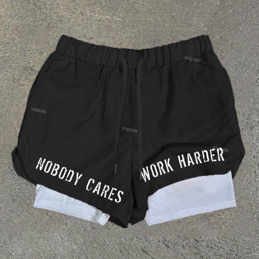 Sopula Vintage Nobody Cares Work Harder Graphic Performance Double Layer Quick Dry Shorts Product Image
