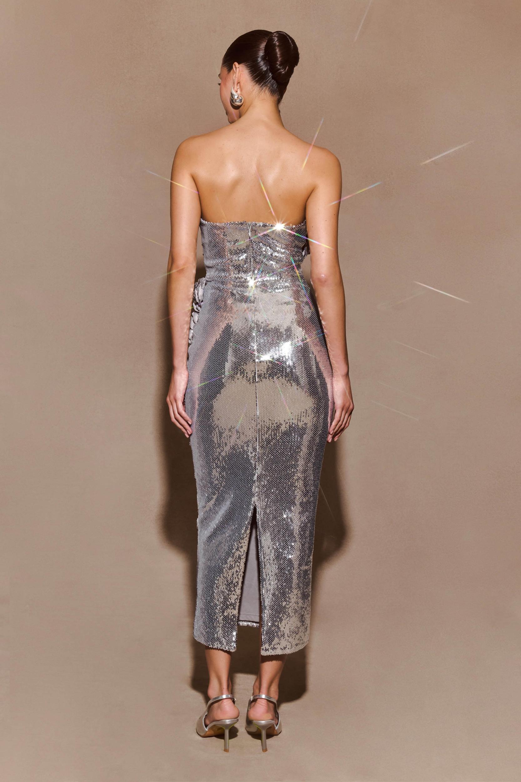 Cassia Strapless Sequin Rose Midi Dress - Silver Product Image
