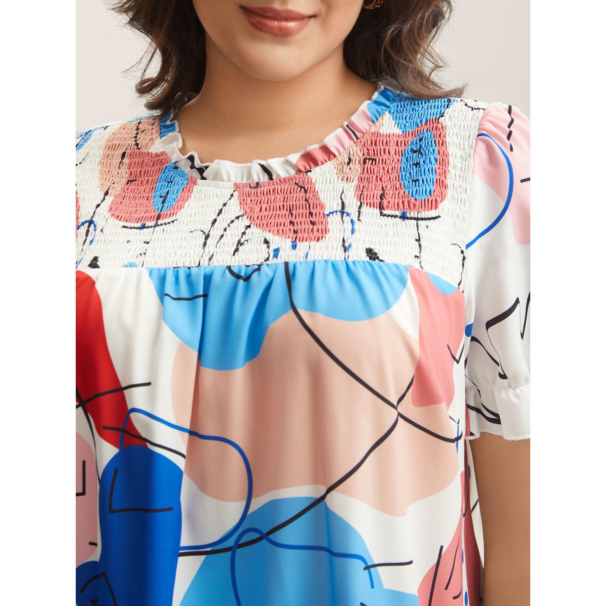 Plus Size Multicolor Whimsical Pattern Shirred Puff Sleeve Blouse Women Short sleeve Stand-up collar Everyday-Elegant Blouses BloomChic 10/M Product Image