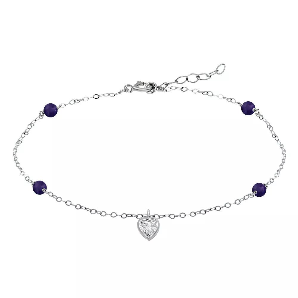 Aleure Precioso Sterling Silver Cubic Zirconia Heart Charm Anklet, Women's, Size: 9", Black Product Image