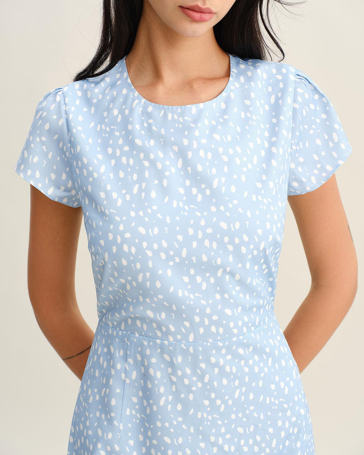 Blue Round Neck Button Slit Midi Dress Product Image