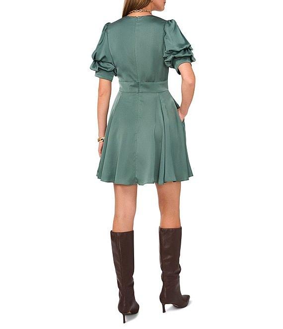 1. STATE Tiered Bubble Sleeve V Neckline Fit-n-Flare Dress Product Image