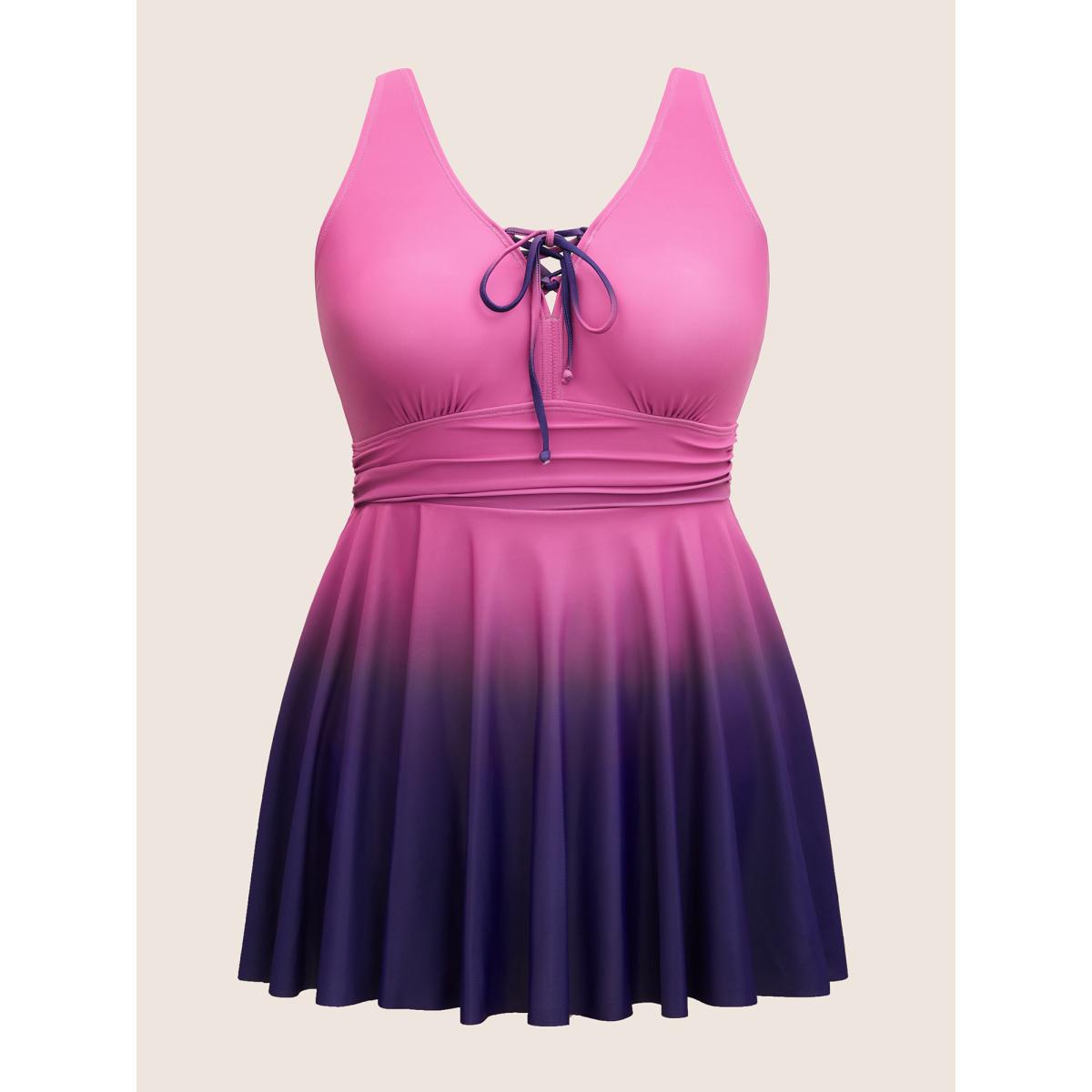 Plus Size Ombre Contrast Ruched Lace Up Swim Dress Women's Swimwear RedViolet Beach Bodycon V-neck High stretch Curve Swim Dresses BloomChic 18-20/2X Product Image