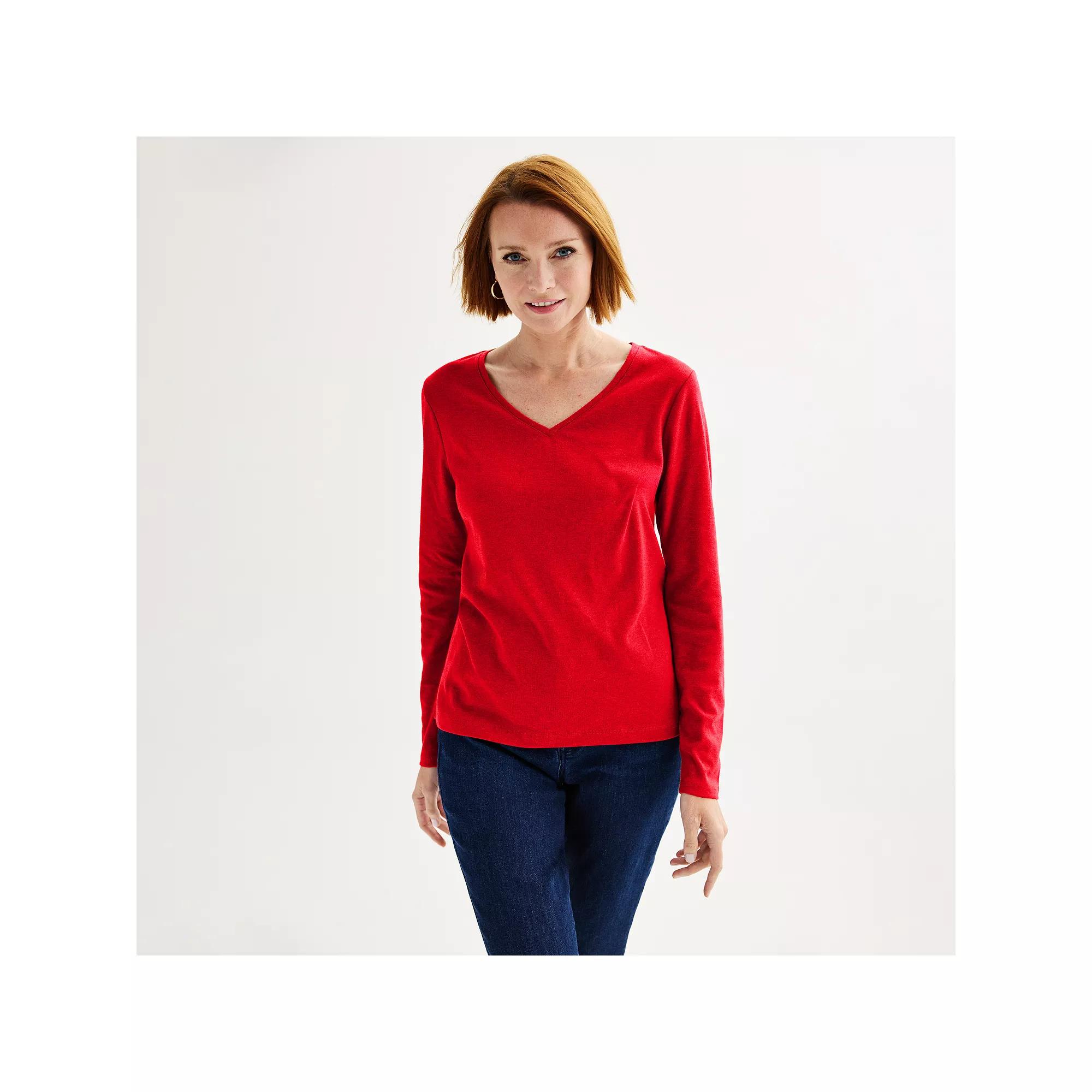 Women's Croft & Barrow® Essential Long Sleeve V-Neck Tee, Size: Small, Chicago Red Product Image