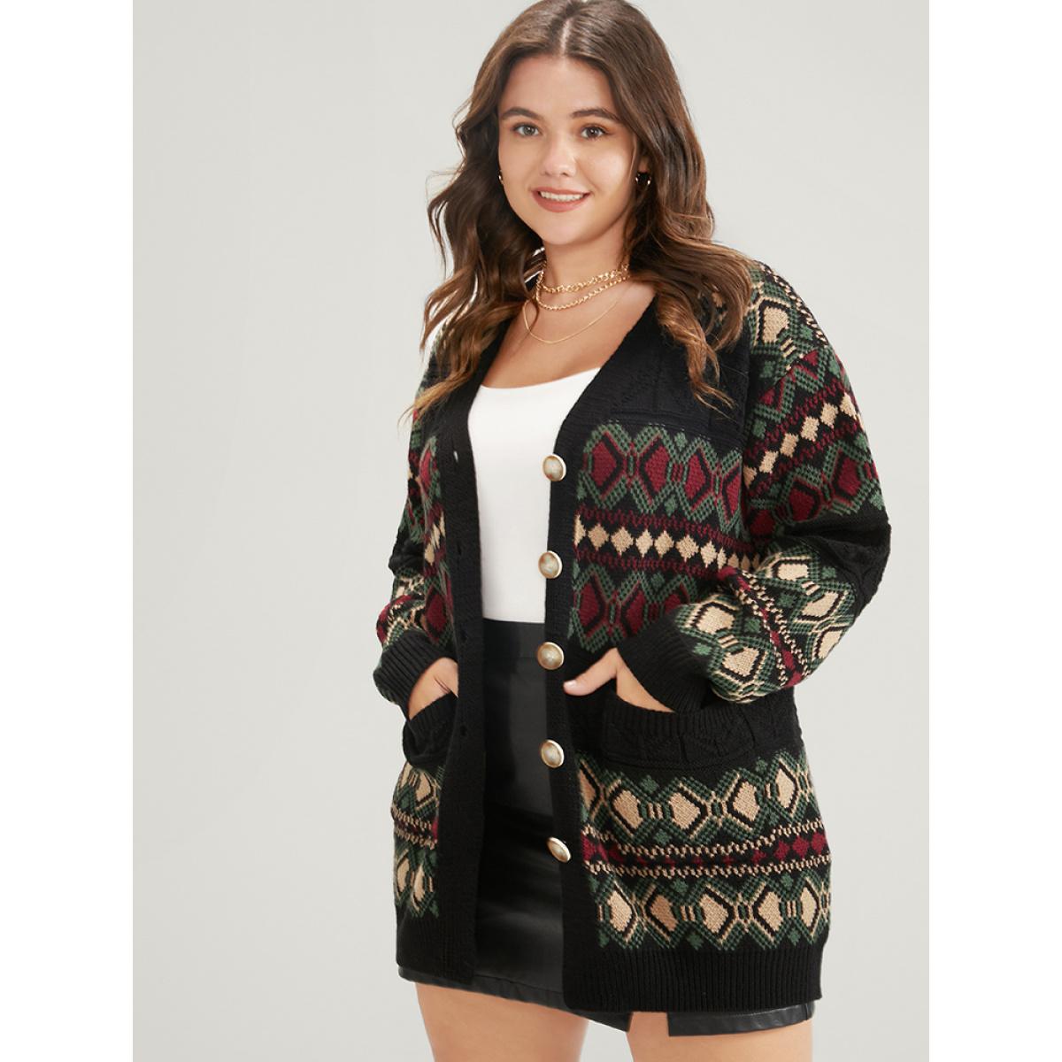 Plus Size Geometric Contrast Pointelle Knit Pocket Jacquard Button Front Cardigan Multicolor Women Casual Loose Long Sleeve Dailywear Cardigans BloomChic 12/L Product Image
