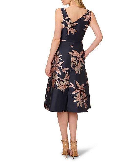 Adrianna Papell Asymmetrical Neckline Sleeveless Floral Print Jacquard Dress Product Image