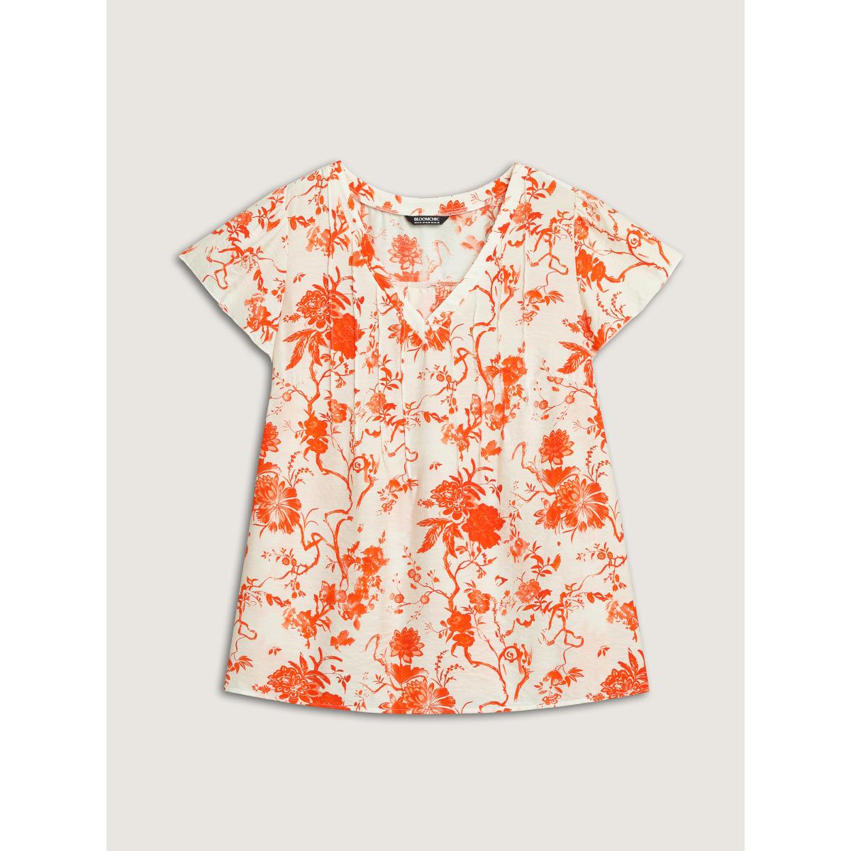 Plus Size Brightorange Floral Print Pleated Front Blouse Women Cap Sleeve V-neck Vacation Blouses BloomChic 26/4X Product Image