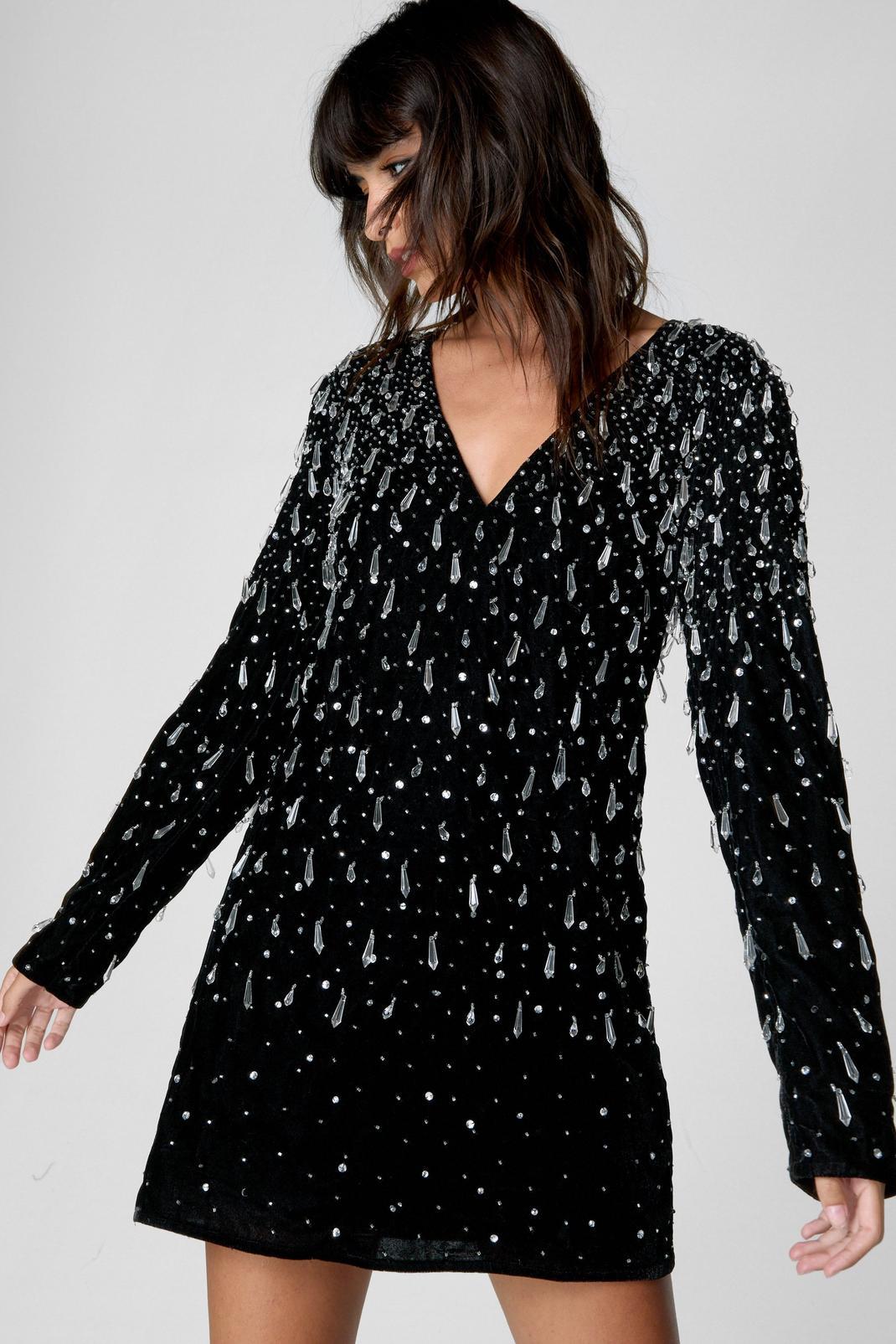 Tear Drop Embellished Velvet Plunge Dress Product Image