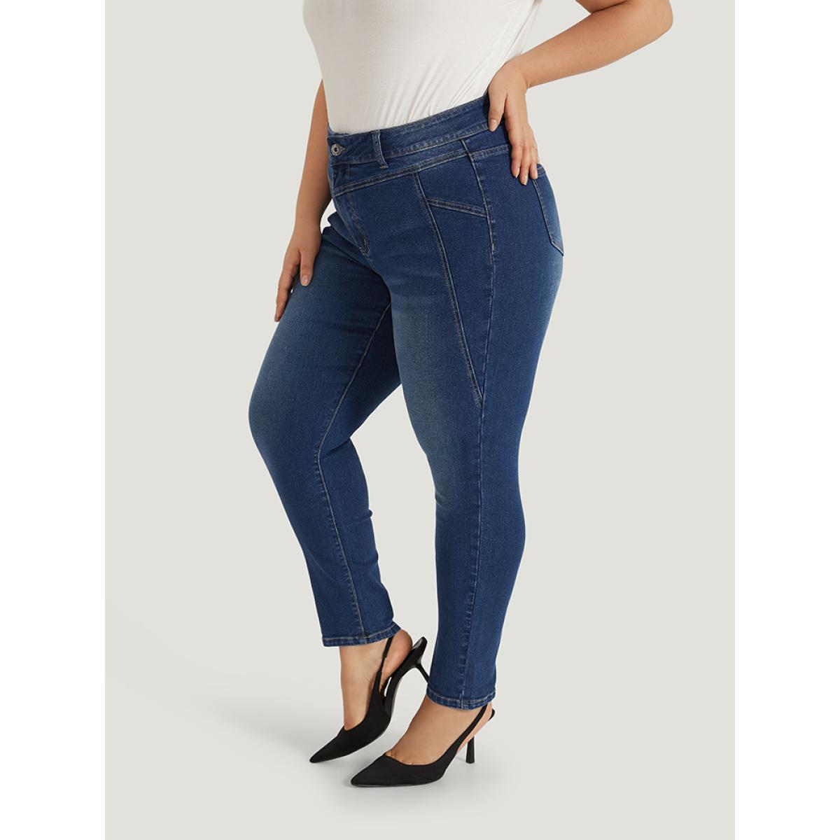 Plus Size Solid Very Stretchy Patchwork High Rise Jeans Women Blue Casual Plain Plain High stretch Pocket Jeans BloomChic 10/M Product Image