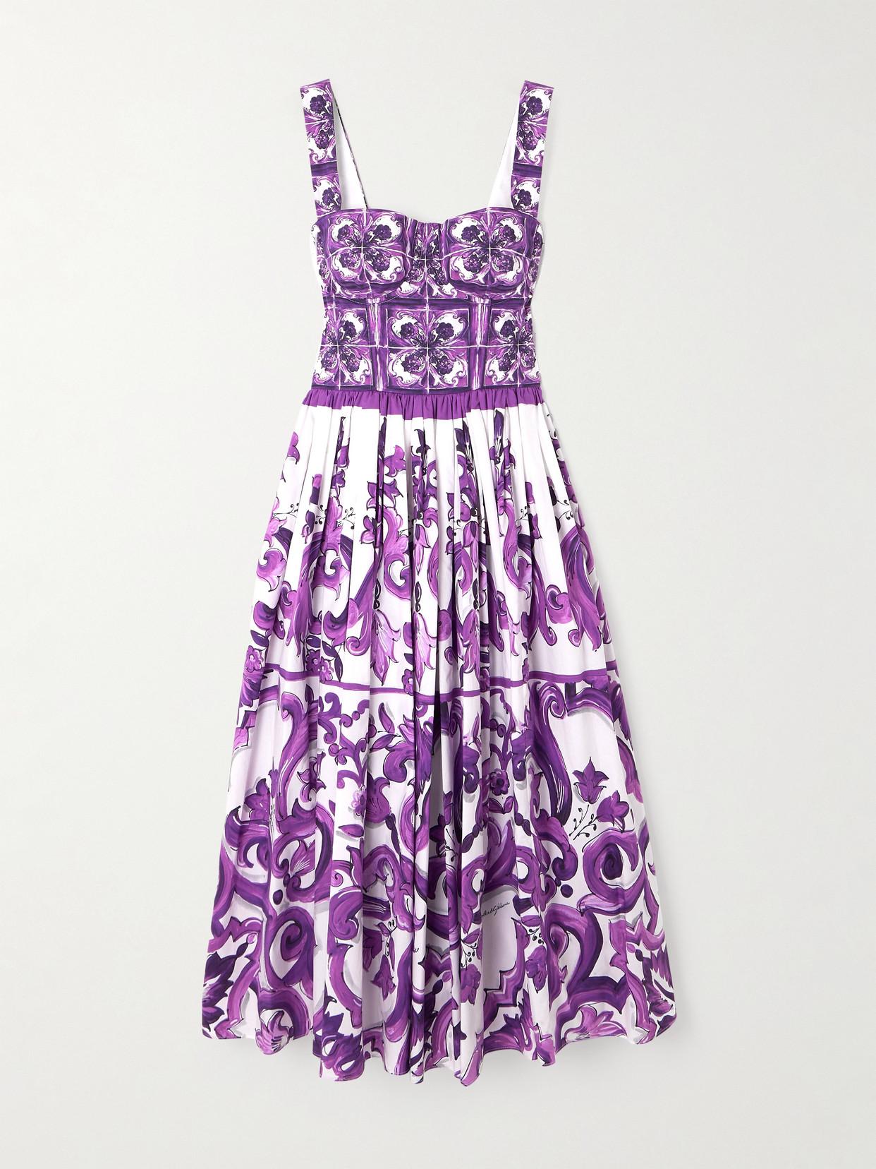 DOLCE & GABBANA Women Cotton Midi Dress With Maiolica Print In Purple Product Image